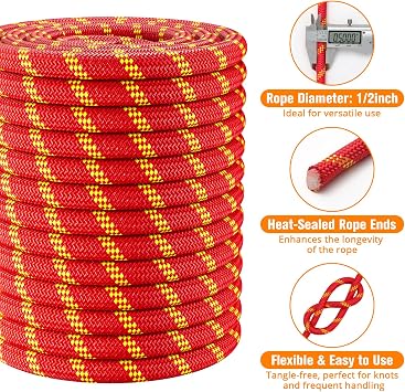 Double Braided Arborist Rigging Rope - 1/2 in X 100 ft 48 Strands Rappelling Outdoor Pulling Heavy Duty Polyester Bull Rope for Swing Tree Work Camping Rescue Hiking - Red
