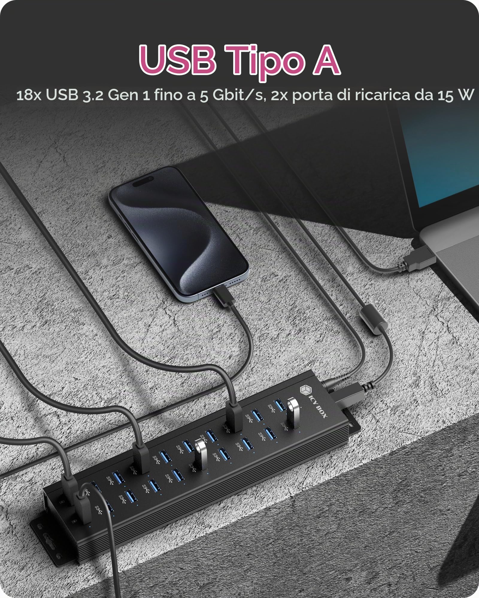 ICY BOX Hub USB 3.2 Gen 1 a 20 porte con alimentatore da 12 V / 3 A, corpo in alluminio e 2 porte di ricarica USB, modello IB-HUB1720-U3