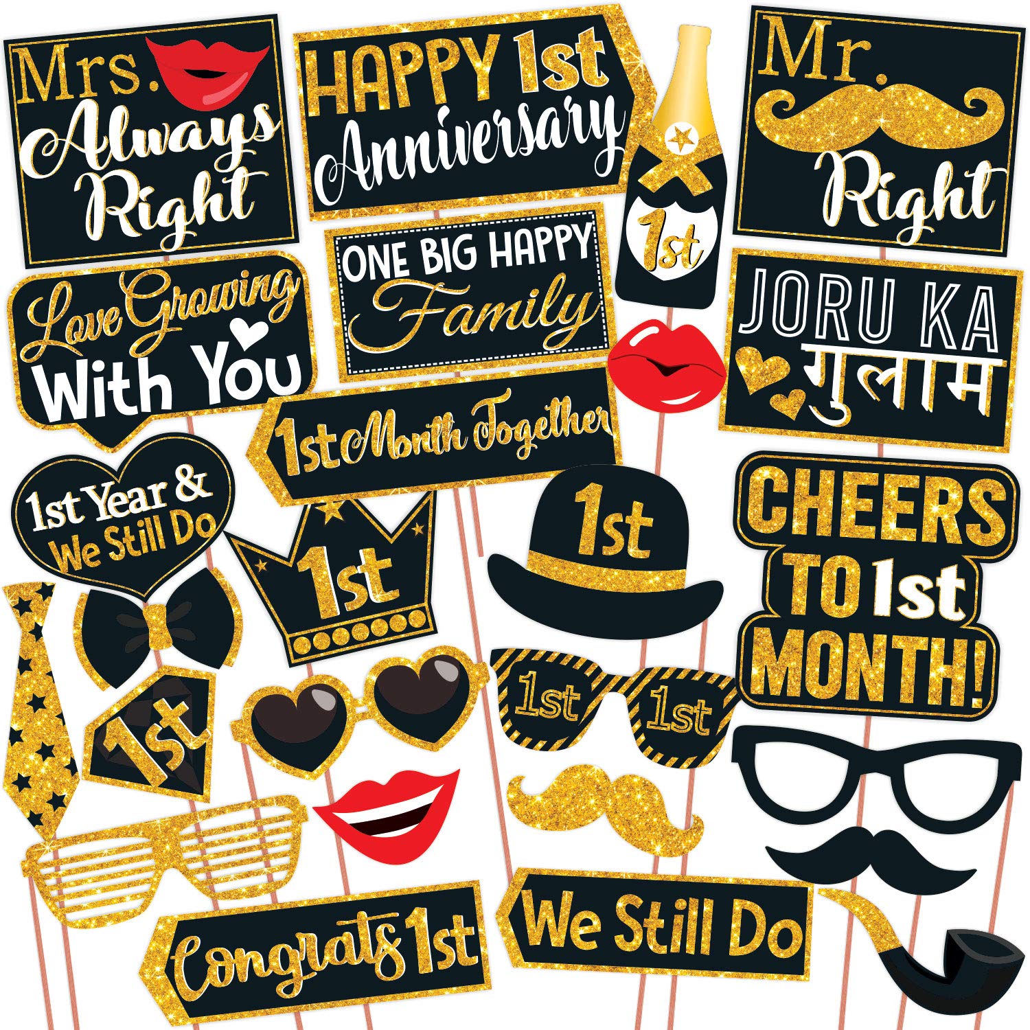 Wobbox 1st Month Anniversary Photo Booth Party Props DIY Kit, Golden Gliter & Black , Anniversary Party Decoration
