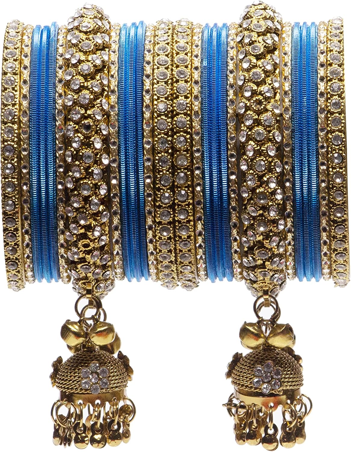 RUPIKA Ethnic Indian Bangle Set for Women | Antique Gold Polished Kade with Stone Work & Hanging Latkan | Coloured Traditional Bangles for Wedding, Festivals, Party & Special Occasions