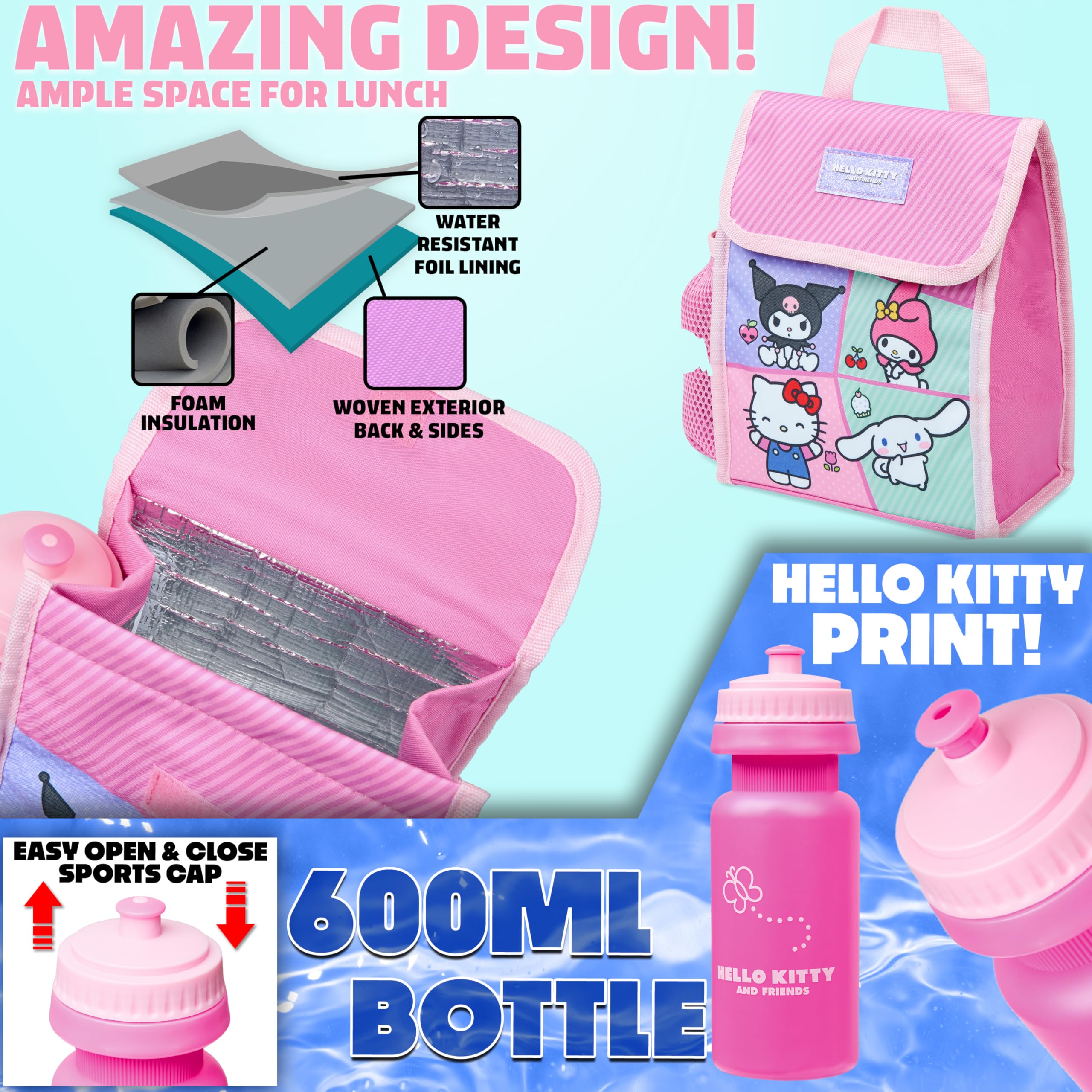 Hello Kitty Sanrio Sac à Dos Fille Kit Scolaire 4 Pièces Trousse Kawaii Sac Isotherme Repas Gourde 600ml Kuromi Cinnamoroll
