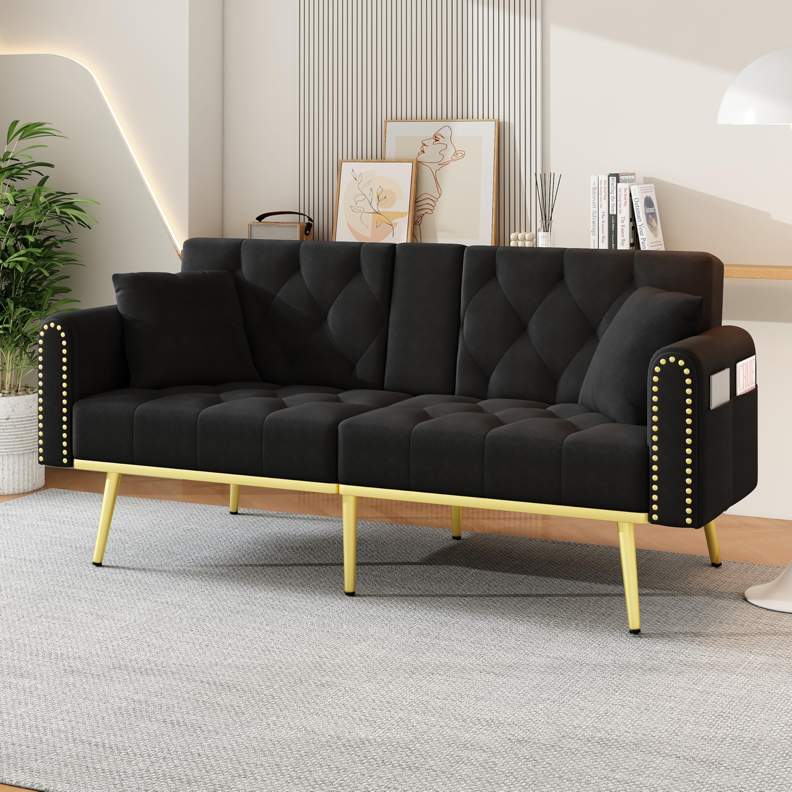 Sofá cama de 2 plazas con respaldo ajustable, moderno sofá tapizado con patas doradas, puertos USB, soporte para teléfono móvil, sofá plegable multifuncional para salón (negro)