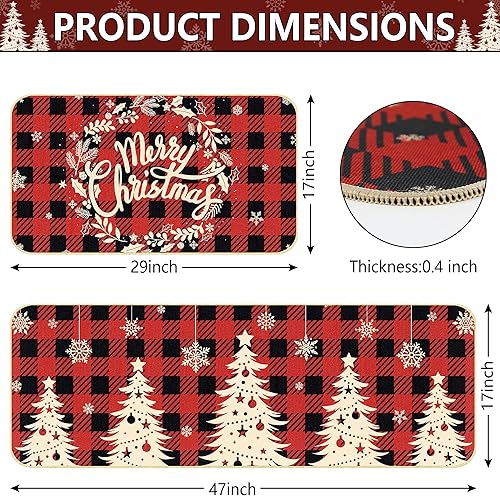 Miniatura 3 de Sawowkuya Juego de 2 tapetes de cocina a cuadros de búfalo de Navidad de 17 x 29 pulgadas, 17 x 47 pulgadas, a cuadros rojos y negros, impermeables,
