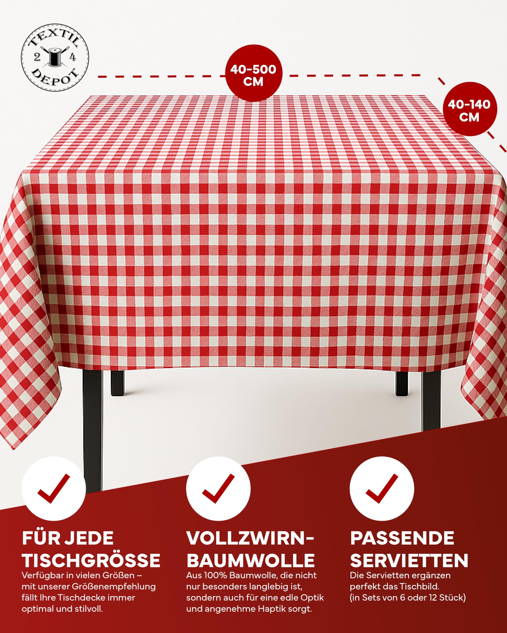 TextilDepot24 Tovaglia rustica a quadretti in 100% cotone (60 x 60 cm, 12 pezzi, a quadretti, rosso-bianco a quadretti