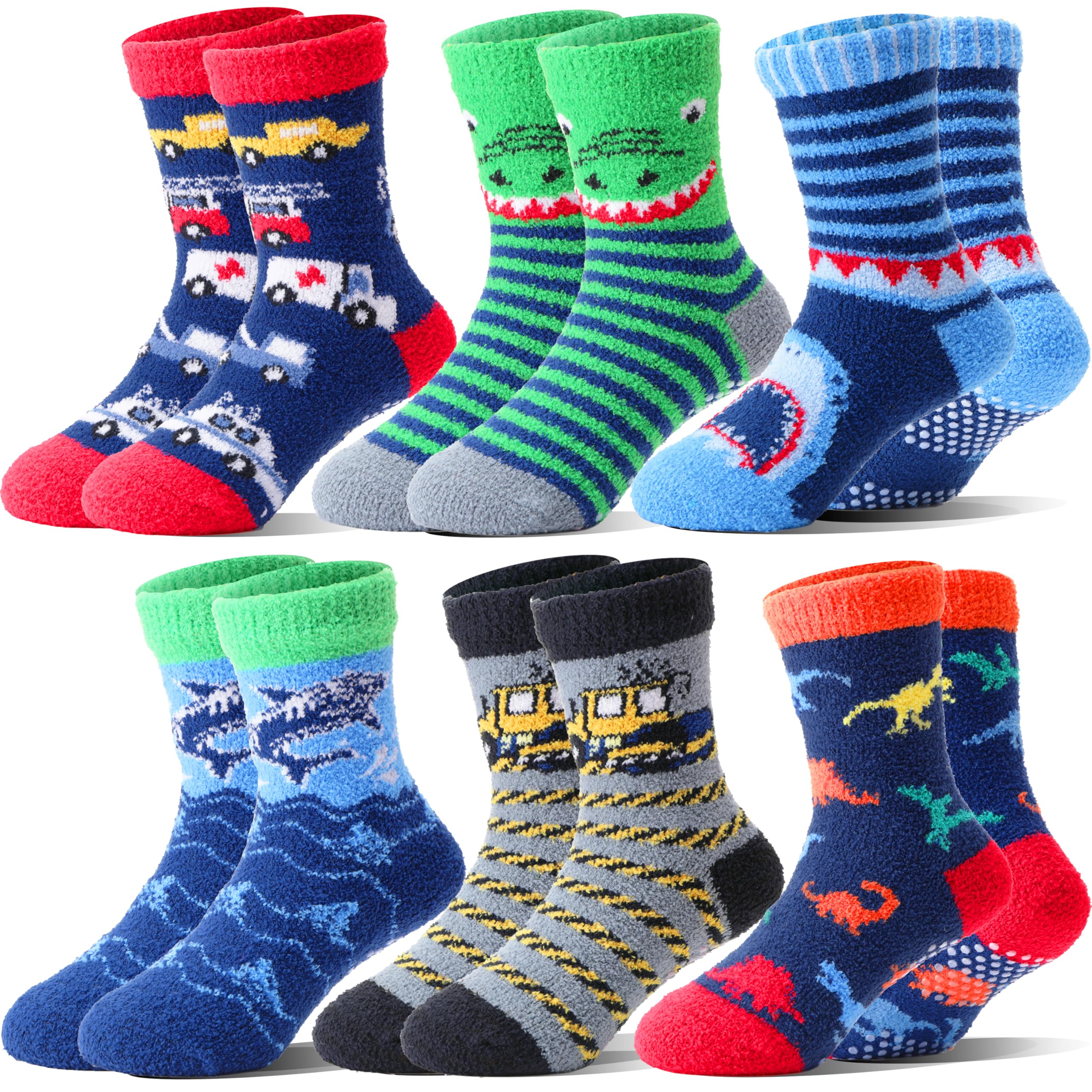 Welwoos Kids Boys Toddlers Fuzzy Slipper Grips Socks Non Slip Winter Thick Warm Fluffy Cozy Fun Crew Hospital Socks 6 Pairs