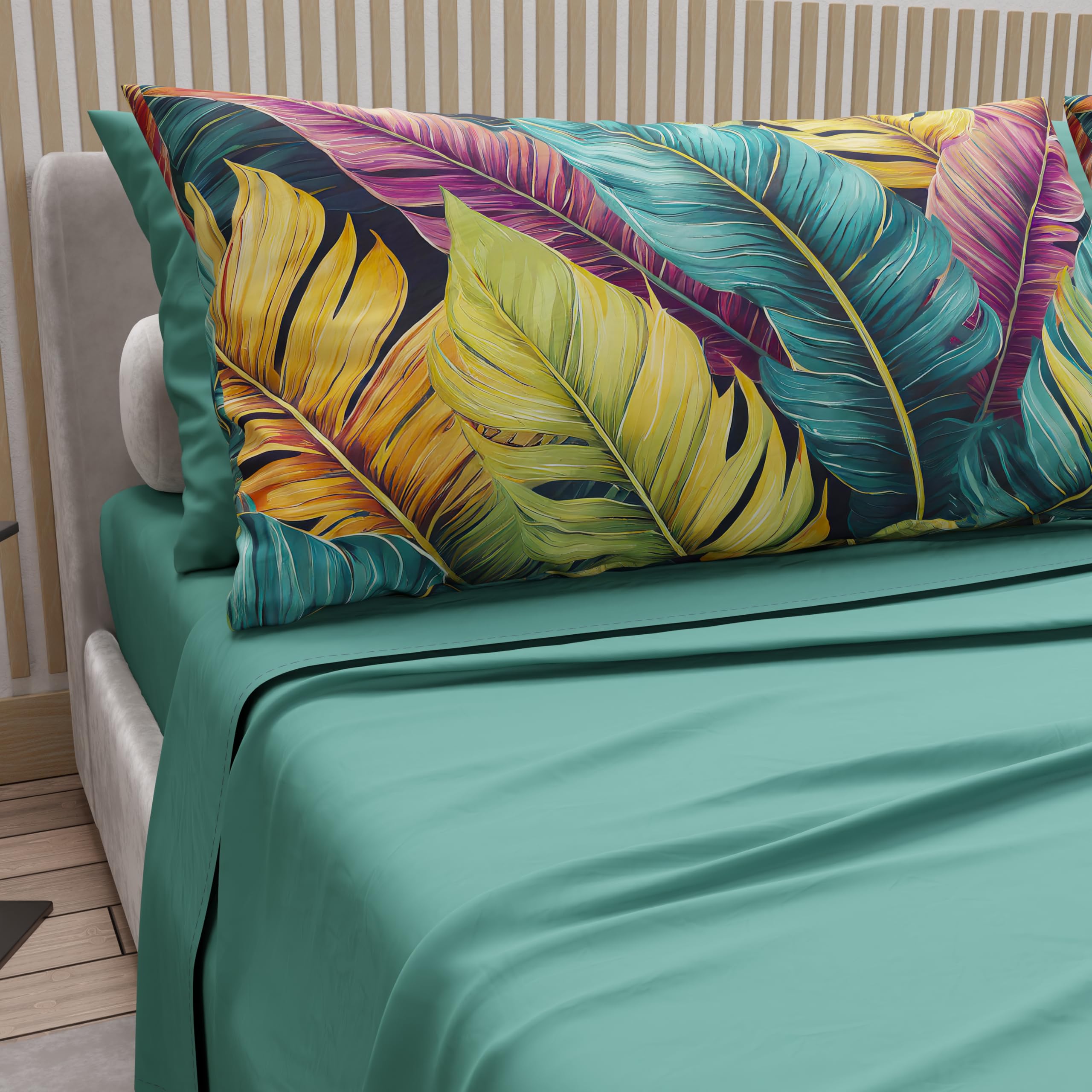 PETTI Artigiani Italiani - Cotton Sheets with Pillowcases in Digital Print, Double Bed Sheet, 199 Teal Floral, 100% Made in Italy