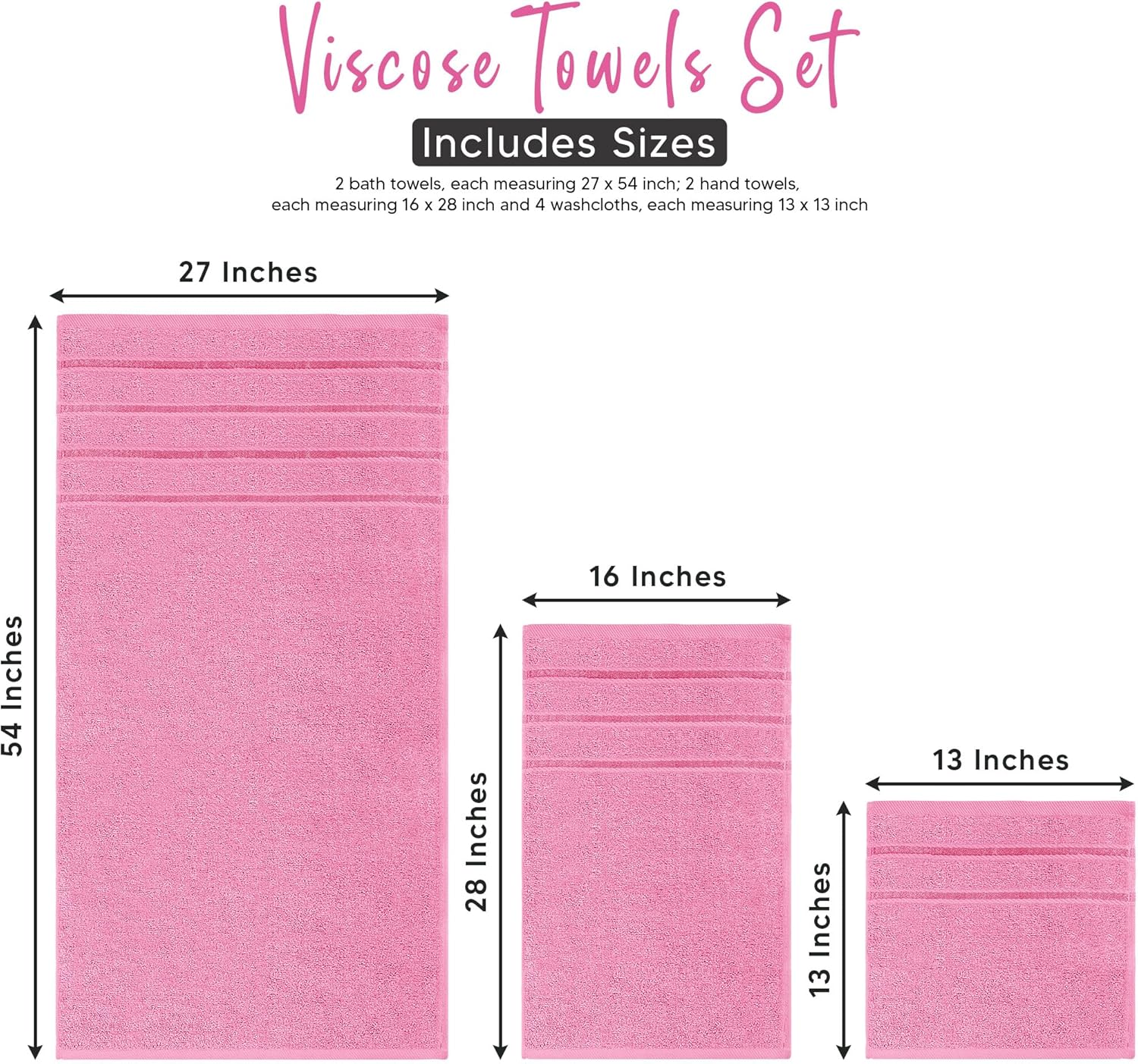 8 Piece Luxury Towel Set, 600 GSM Ring Spun Cotton, Soft & Absorbent Viscose Stripe Towels, 2 Bath, 2 Hand, and 4 Wash Cloths Ideal for Daily Use, Pink - Image 8