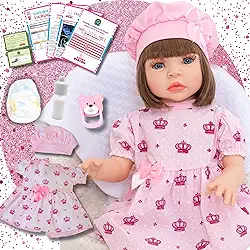 Boneca Bebê Reborn Menina Realista em Silicone com Roupinha e Acessórios Inclusos 45 cm (Vestido Rosa)
