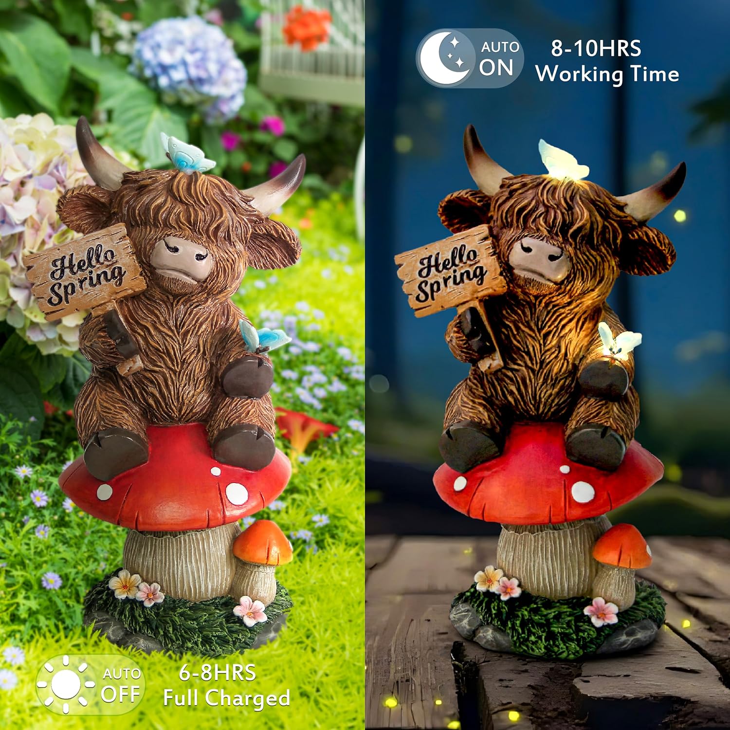 Smadeer Highland Cow Garden Statue with Solar Butterfly Lights, Spring Outdoor Highland Cow on Mushroom Butterfly Decoration for Yard, Patio, Lawn, Cows Figurine Housewarming Gift for Women, Mom
