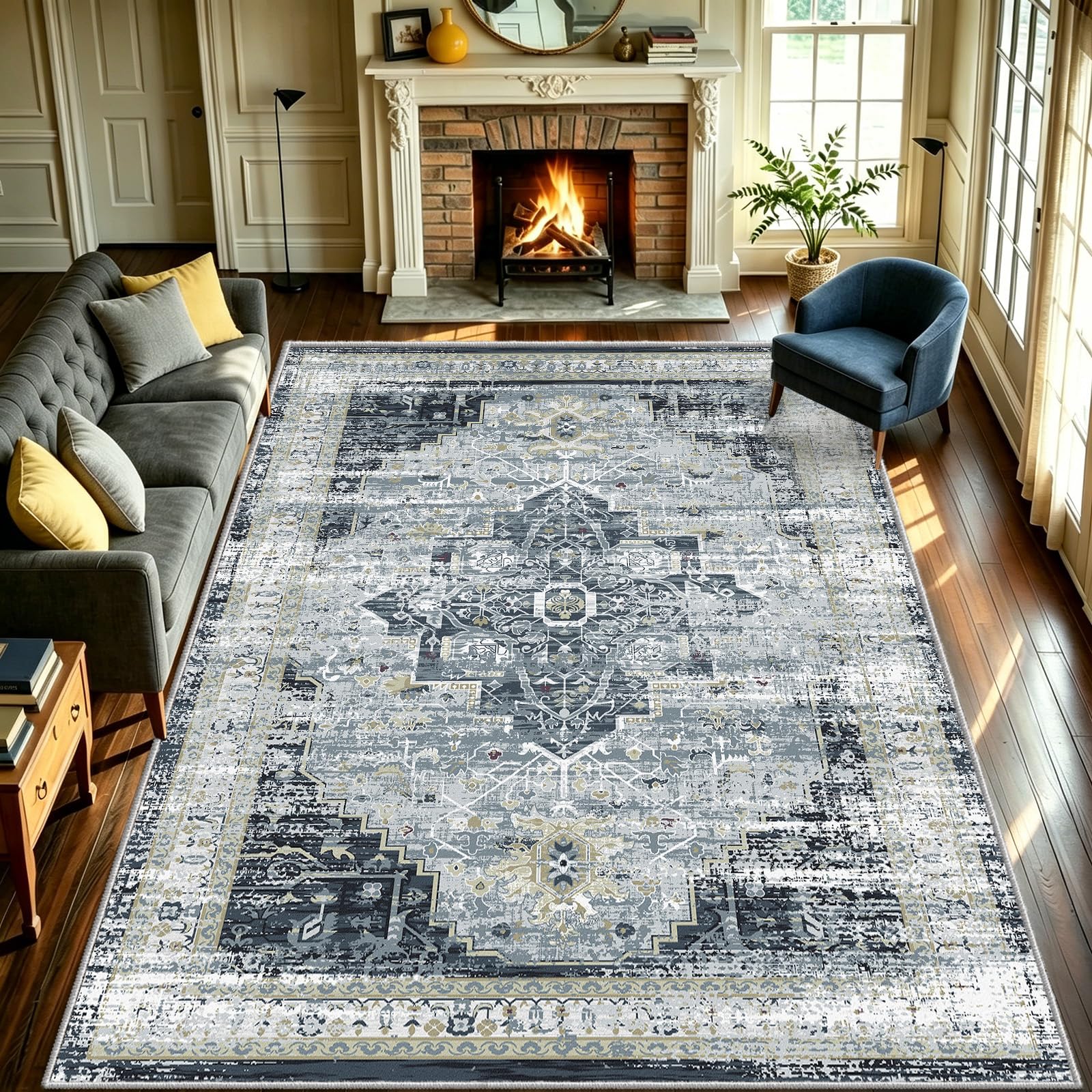 WUTONG Large Vintage Rugs Living Room 200x300 cm,Cream Blue Area Rug,Machine Washable Non Slip,Soft Faux Cashmere Short Pile Large Carpet for Full Sitting Room — image 1