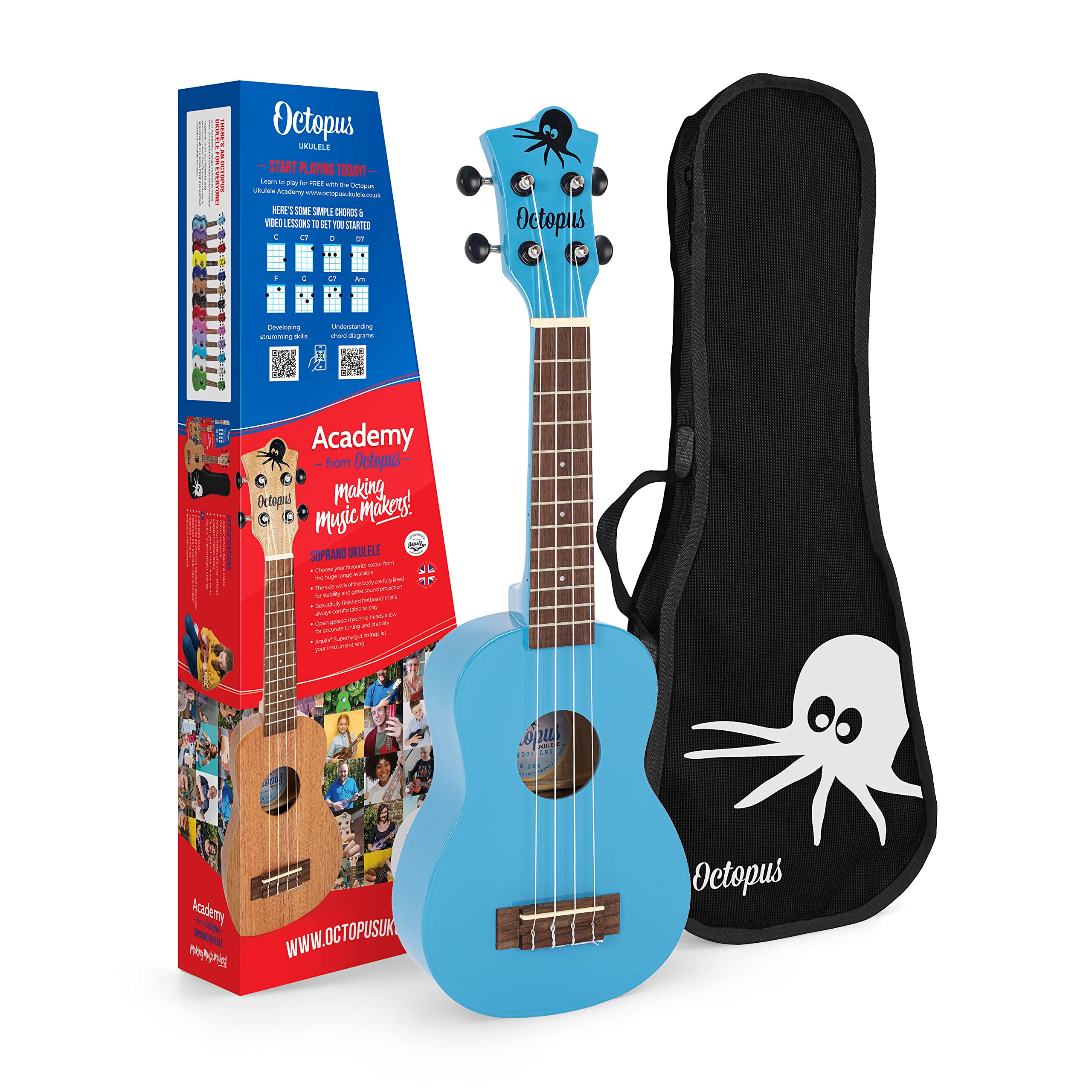 Octopus UK205-LBB - Ukelele soprano en color azul claro completo