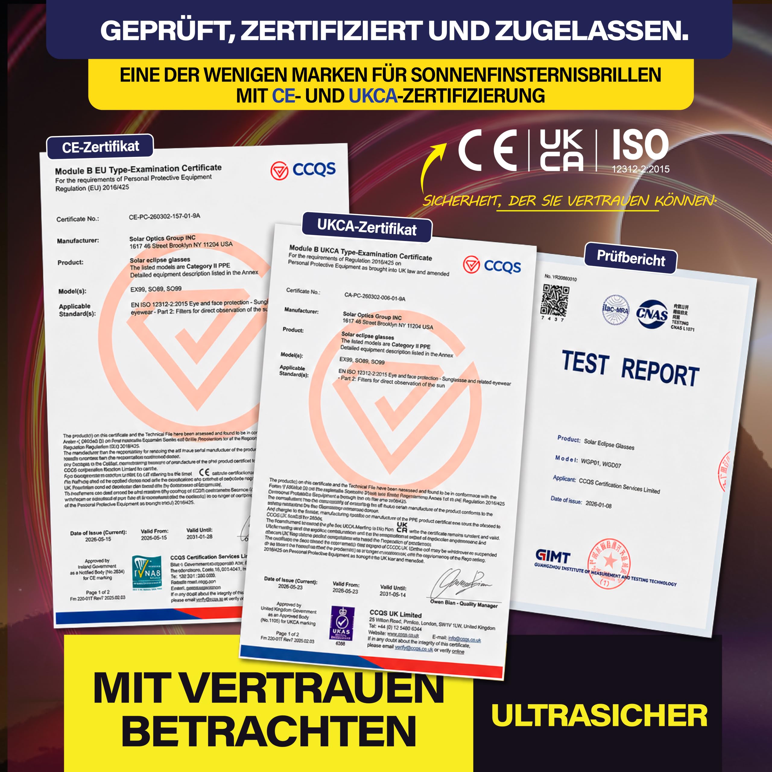 Sonnenfinsternisbrille 5er-Pack mit Handy-Filter – ISO 12312-2 & CE-zertifiziert, Sichere Sonnenbeobachtung + 2 Smartphone Filter Set, Sonnenfinsternis 2026