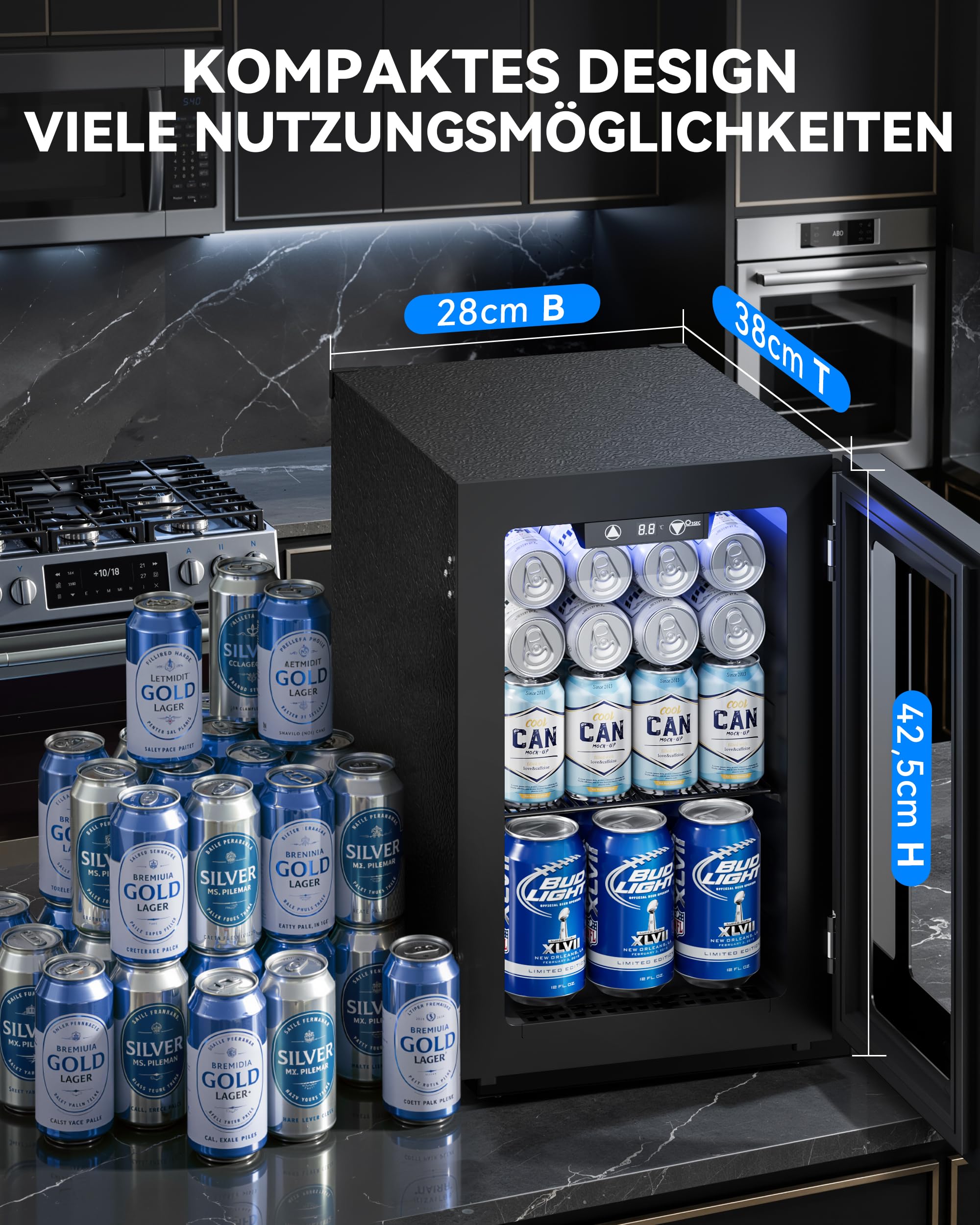 JUMMICO Getränkekühlschrank 18L Schwarz leise Kompressor 4-16°C