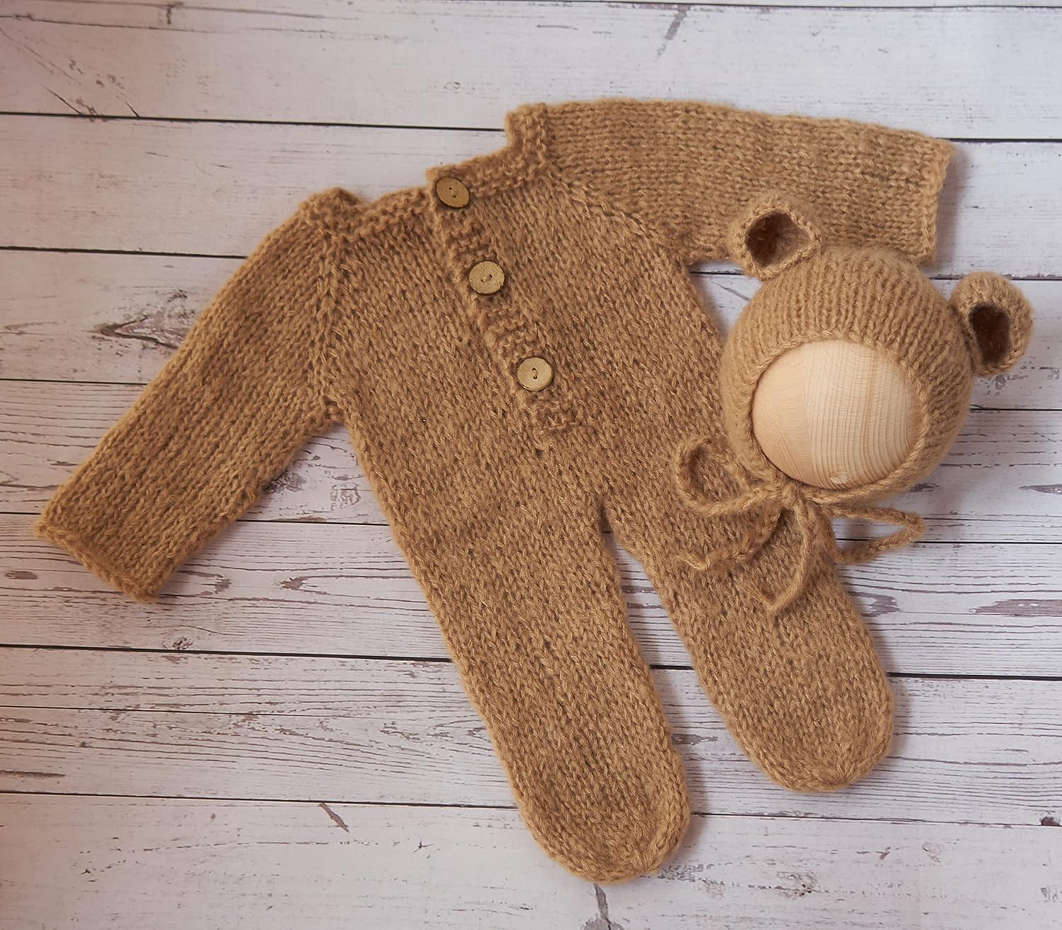 Newborn Photography Props Boys Girls Outfits Mohair Bear Hat Bonnet & Footed Romper Bodysuit Photoshoot Costume Set