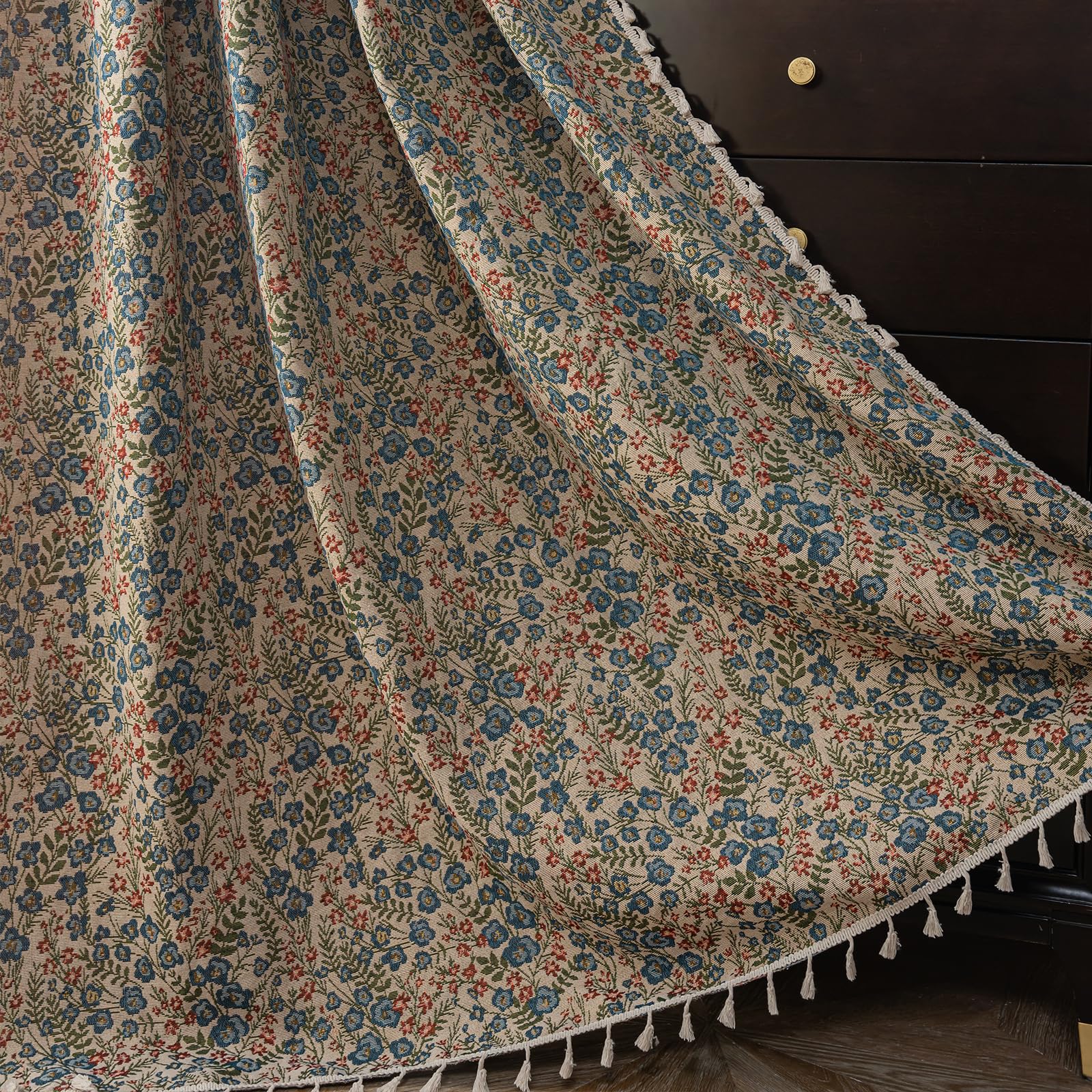 USTIDE Blue Floral Curtains Boho Light Filtering Drapes Vintage Jacquard Rod Pocket Semi Sheer Window Curtains Bedroom Living Room Aesthetic Tassel 87 Inch Length 1 Panel Window Treatments
