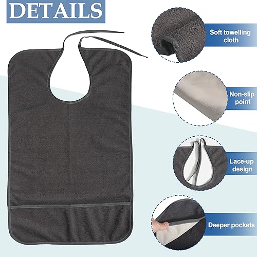 Vista 4 de Babero antideslizante para adultos para comer, baberos grandes impermeables para adultos, para mujeres mayores, hombres, lavables gris