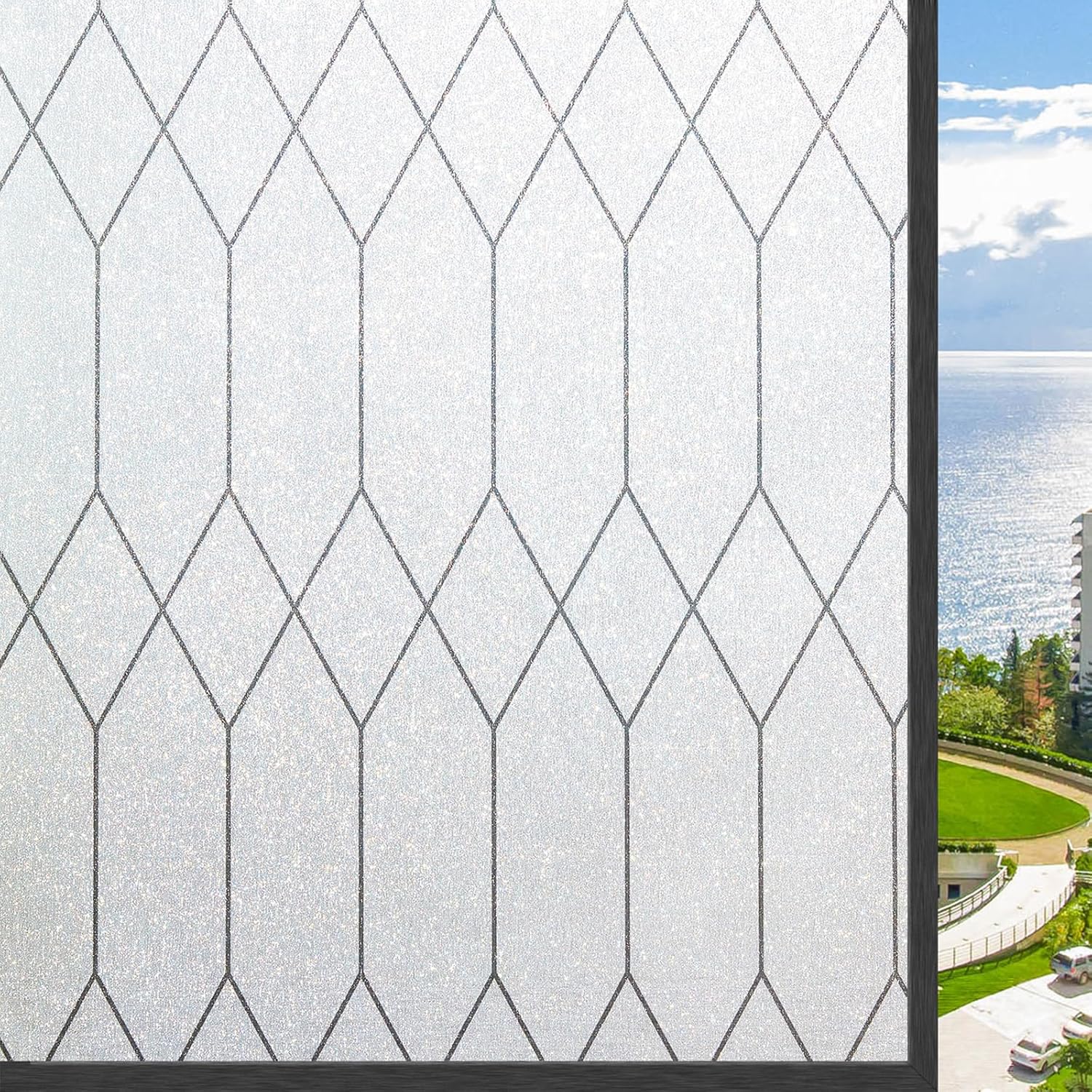 Kromapolis Window Privacy Film Frosted Glass Window Clings, Removable Vinyl Door Coverings, Moroccan Lines Decorative UV Sun Blocking Opaque Glass Stickers, Non Adhesive 17.5 x 78.7 inch