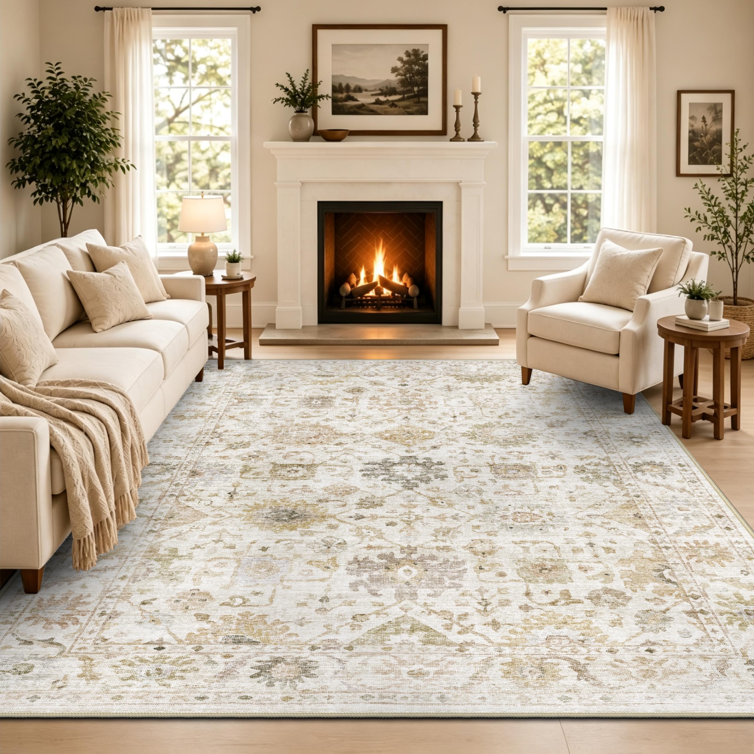Capslpad Tapis vintage à poils courts, antidérapant, lavable, style bohème, doux, pour salon, chambre à coucher, bureau, salle à manger, 160 x 230 cm, beige