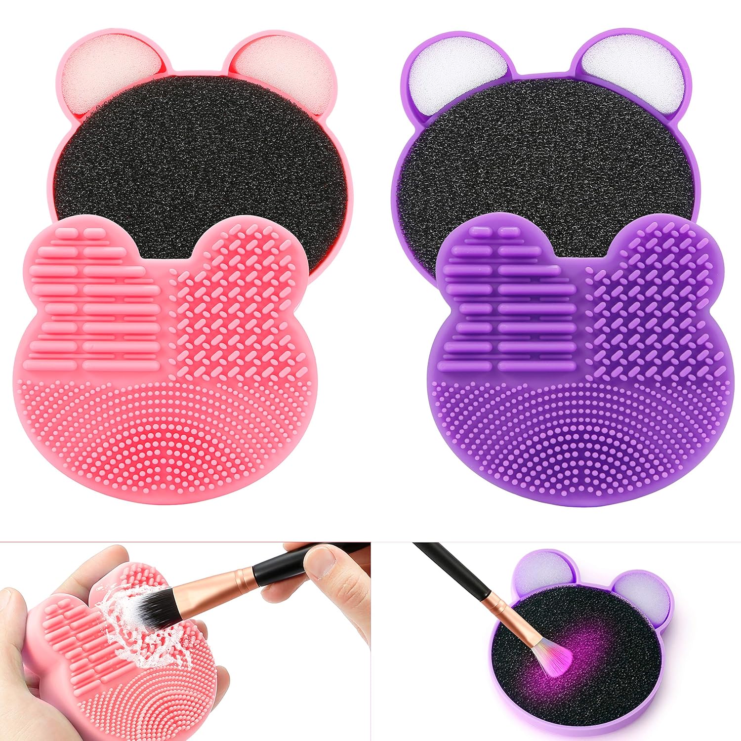 TailaiMei 2 Pack Makeup Brush Cleaning Mat with Color Removal Sponge, 2 in 1 Design Silicone Cleaner Pad for Dry Brush Color Switch and Wet Cleaning (Pink&Purple) : Beauty & Personal Care