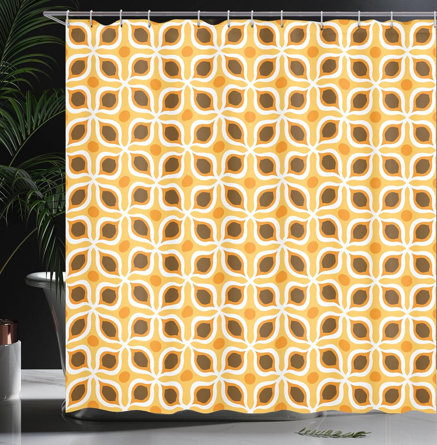 Ambesonne Geometric Shower Curtain, Linked Bold Geometric Shapes 70s Vintage Minimalist Pattern Bohemian Design, Cloth Fabric Bathroom Decor Set with Hooks, 69" W x 70" L, Earth Yellow
