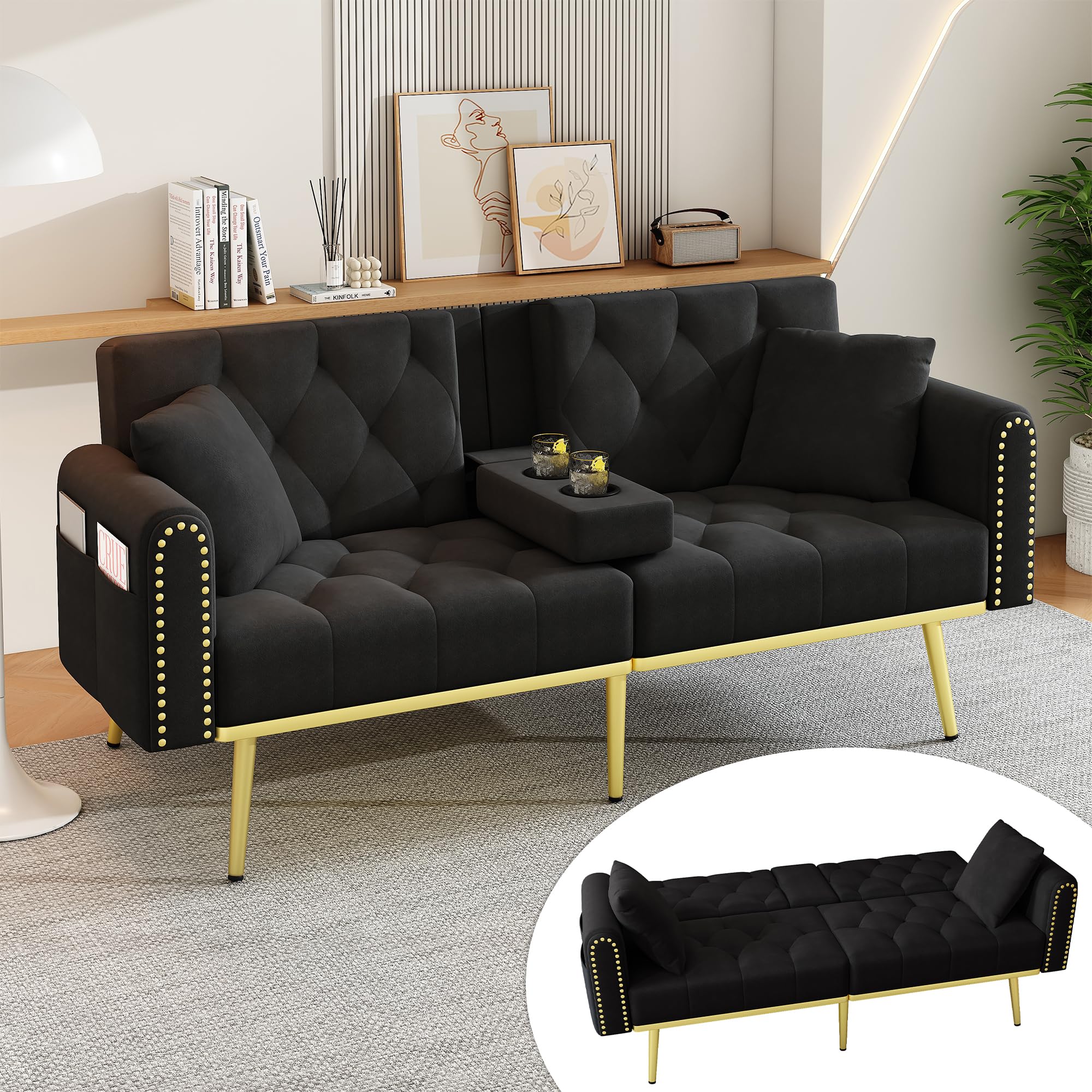 Sofá cama de 2 plazas con respaldo ajustable, moderno sofá tapizado con patas doradas, puertos USB, soporte para teléfono móvil, sofá plegable multifuncional para salón (negro)