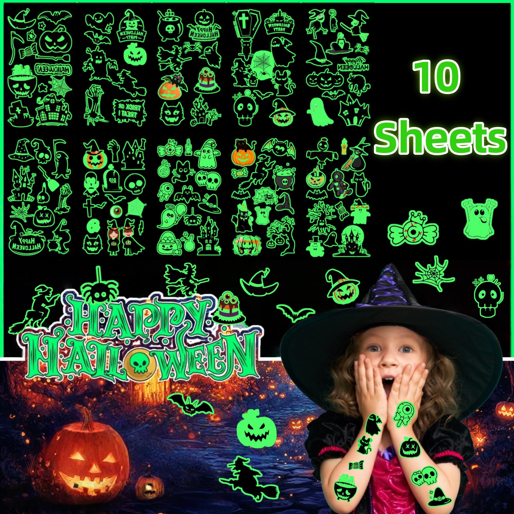 100+ Pezzi Tatuaggi per Bambini, Halloween Decorazioni Zucca Cranio Tatuaggi Temporanei Regalo Bambino 3-12 Anni Trasferelli per Bambini Tattoo Halloween Decorazioni Regalini Fine Festa Adesivi