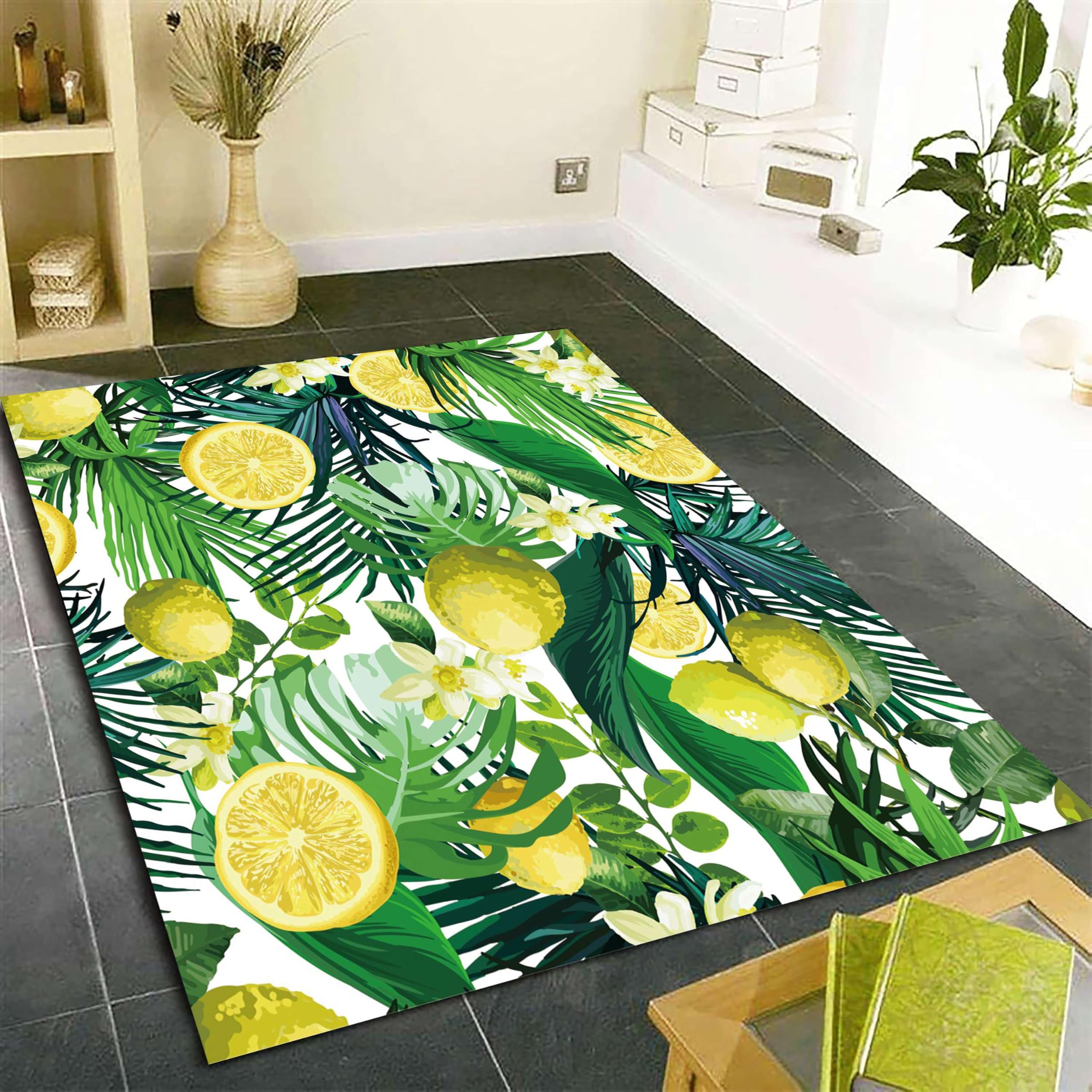 SOJAWA Plant Area Rug, 70x140cm Green Leaf Monstera Modern Home Decor Rugs, Fashion Fresh Yellow Lemon Print Carpets, Non-Slip Washable Kitchen Living Room Office Carpet