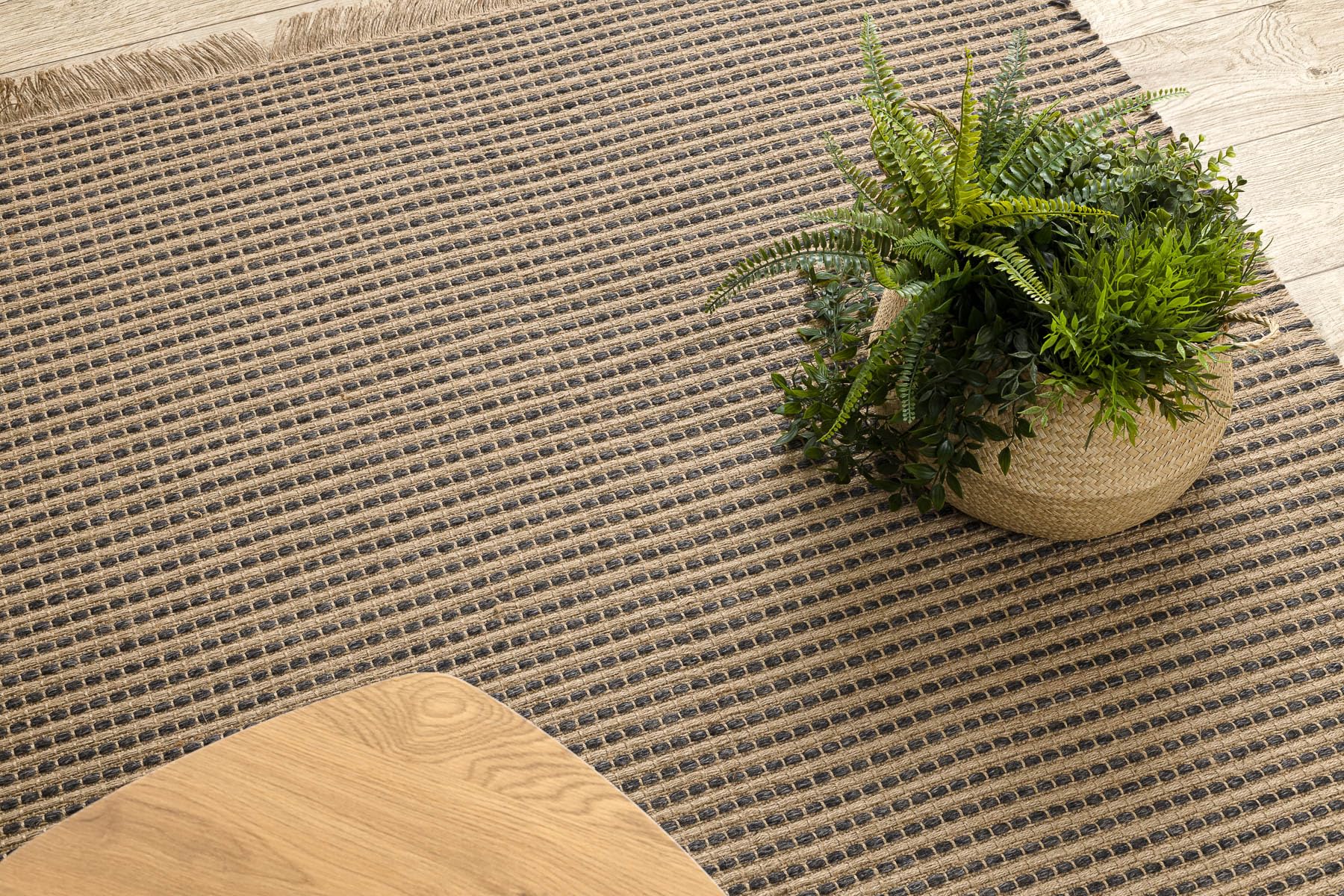 Dywan jutowy 3652 czarny/beżowy linie - juta, tkany na płasko, frędzle 120 x 170 cm czarny