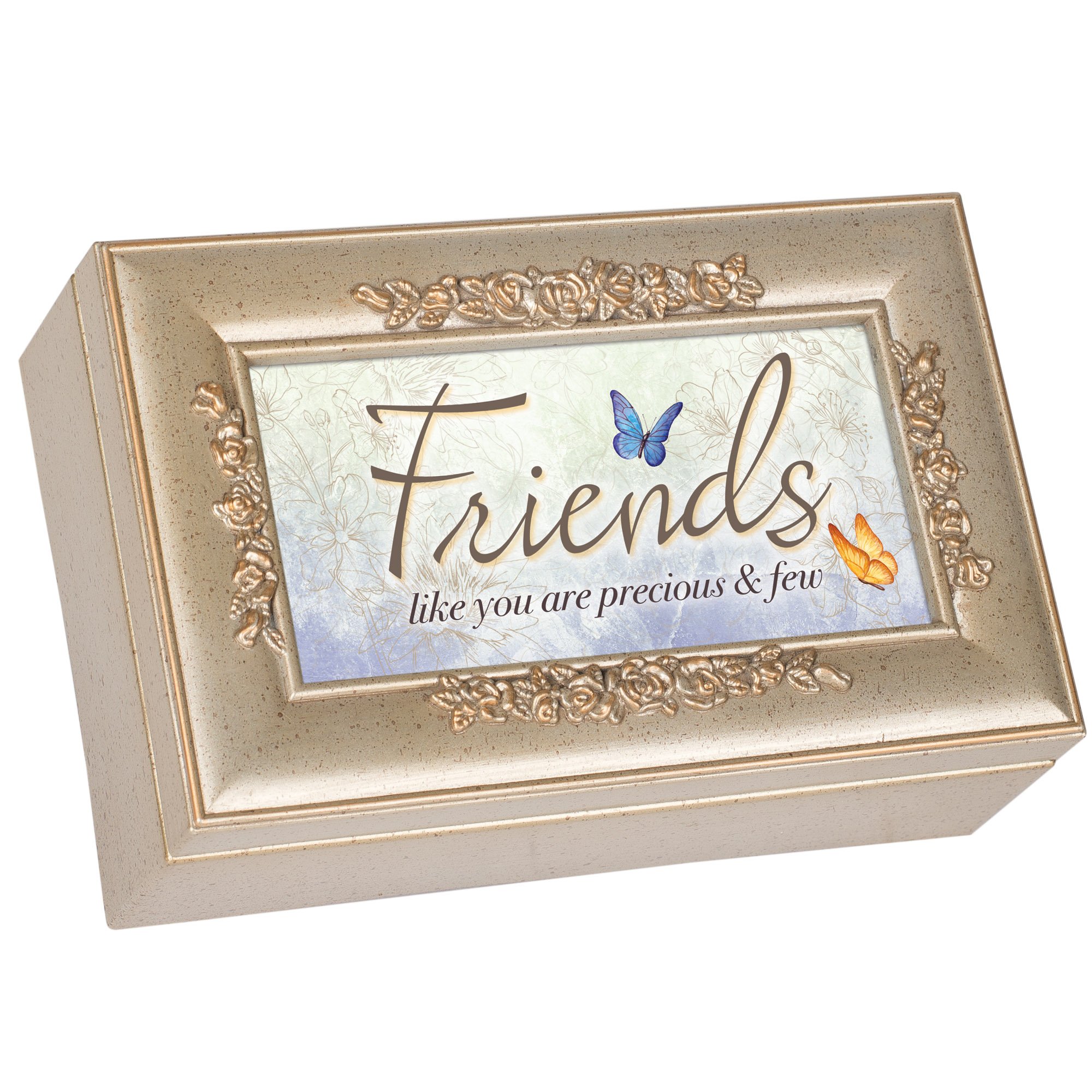 Friends Like You are Precious Silvertone Embossed Jewelry Music Box Plays You Light Up My Life