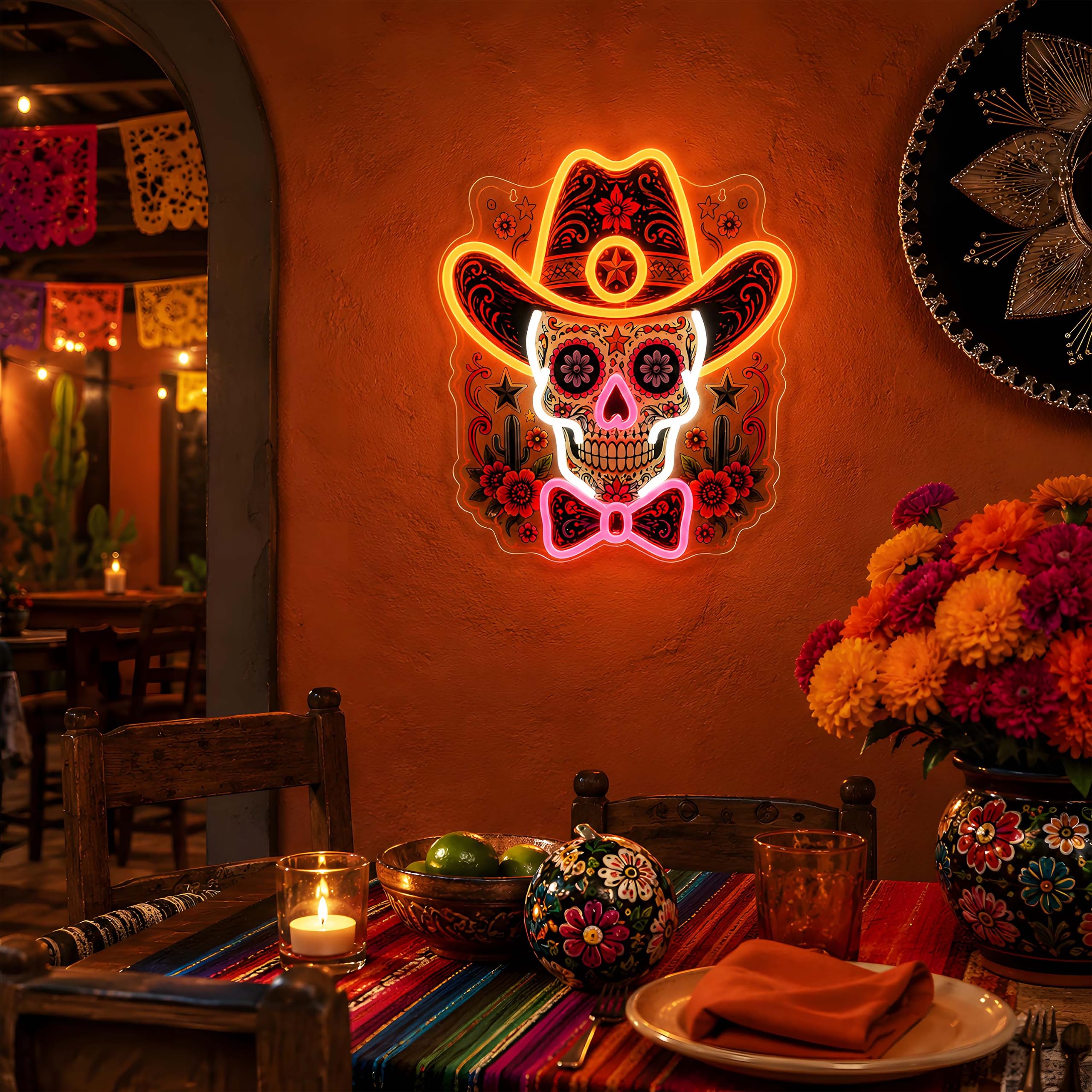 Insegna al neon con teschio da cowboy, luce LED da parete per decorazione messicana, alimentata tramite USB, dimmerabile, luce al neon per il giorno dei morti, Halloween, bar di casa, idea regalo per