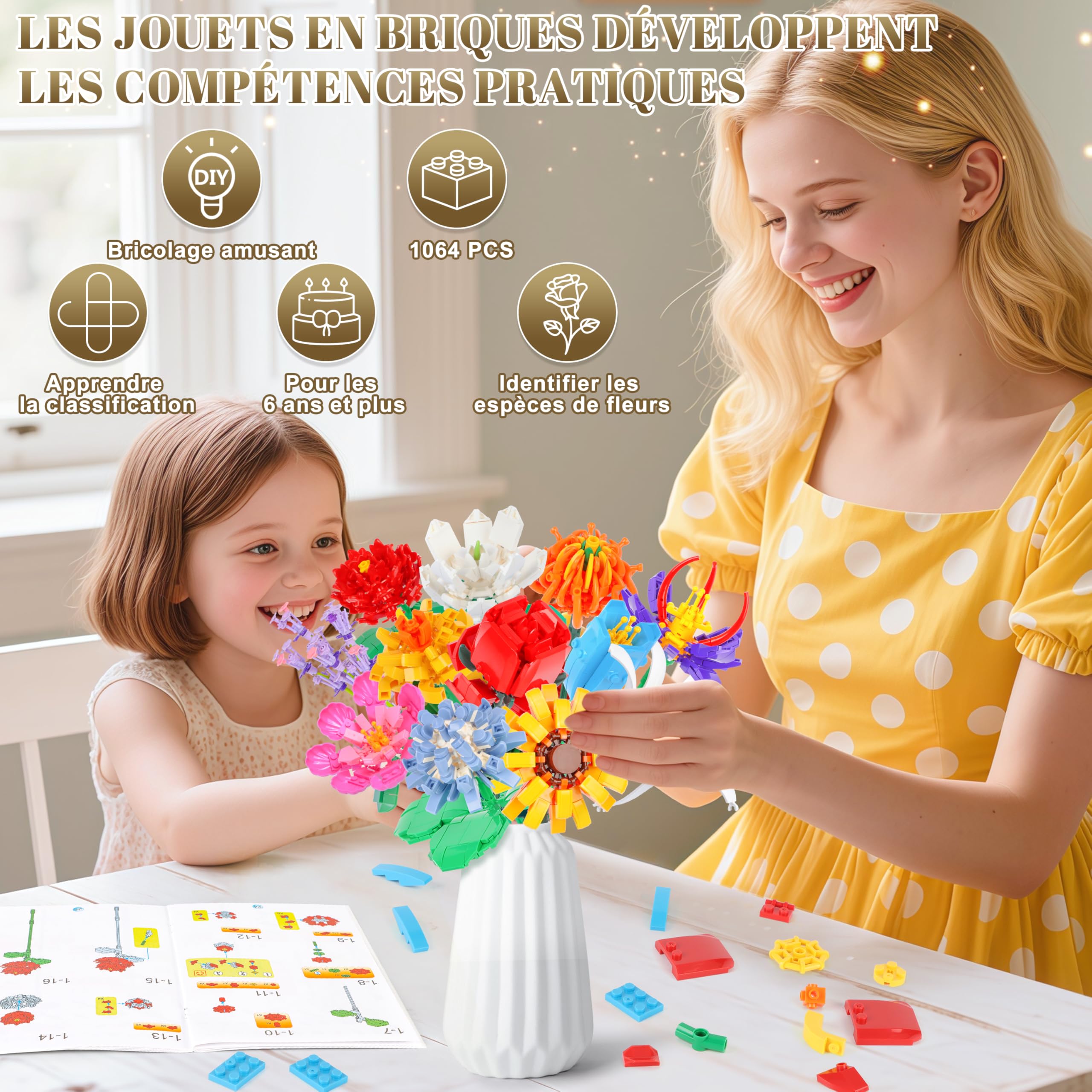 Kit de Construction Bouquet de Fleurs Charmofun, 1064PCS LED Blocs de Fleurs, 12 Types de Bouquets, Cadeau Fête des Mères Anniversaire Noël