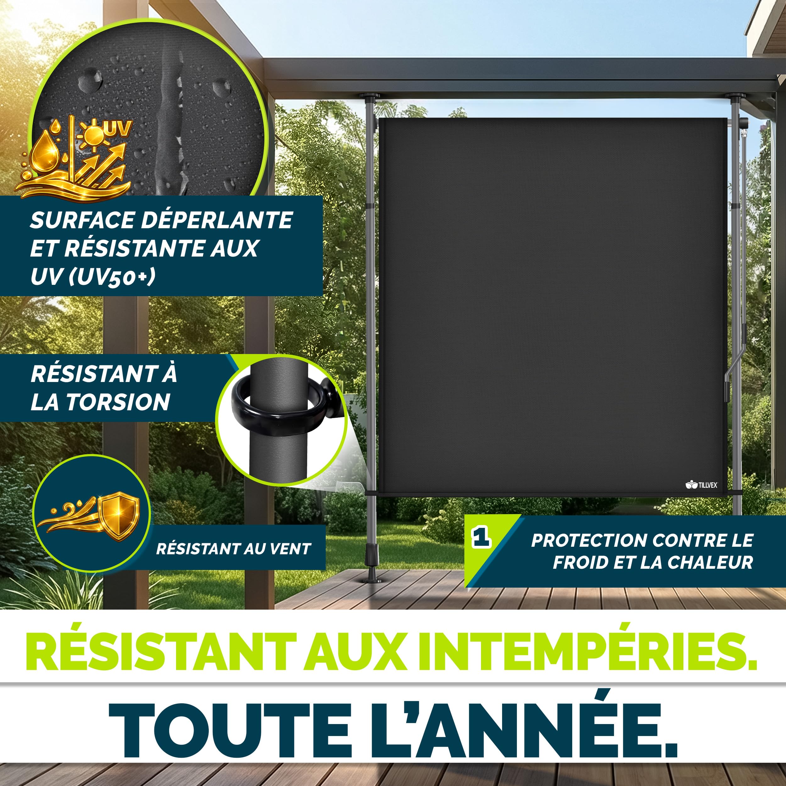 tillvex Store vertical 200 x 310 cm anthracite avec manivelle sans perçage | Brise-vue extensible et opaque | Store vertical pour balcon, terrasse, jardin | Store brise-vue résistant aux intempéries