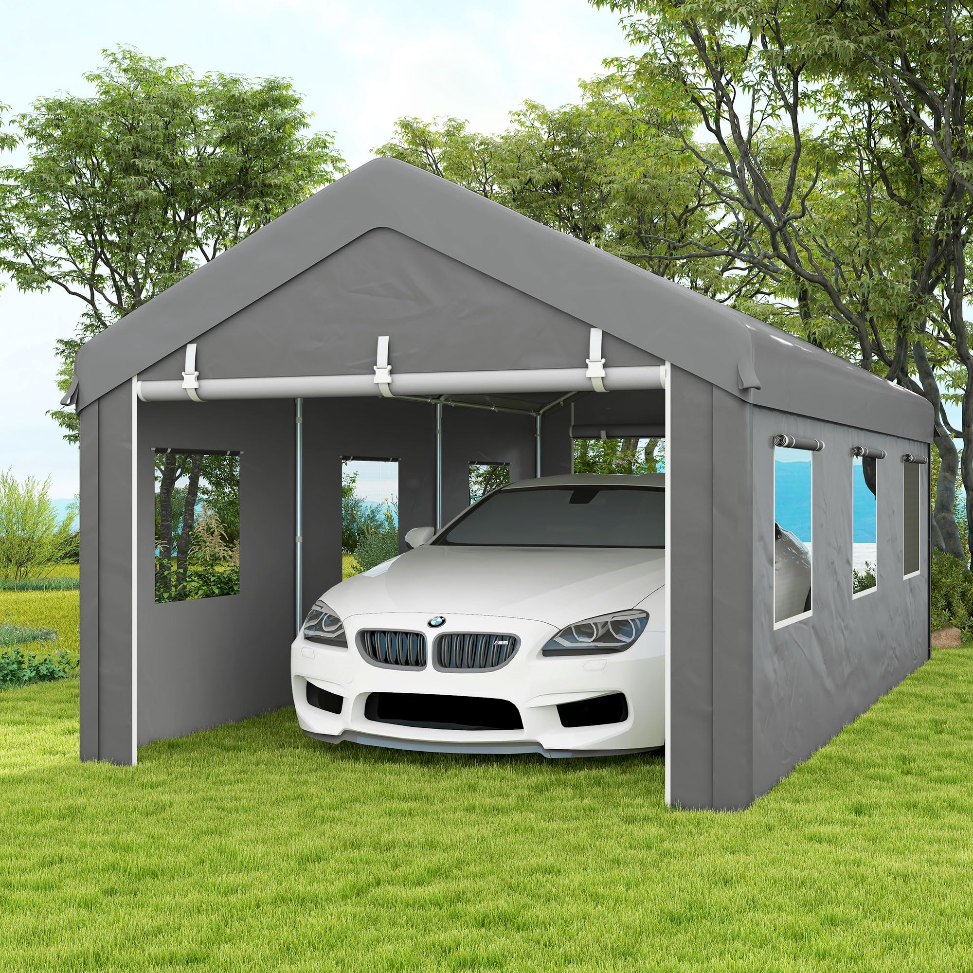 Outsunny Tente garage carport dim. 6L x 2,95l x 2,78H m robusto acciaio zincato PE ad alta densità 160 g/m² impermeabile anti-UV, 2 porte avvolgibili e 6 finestre