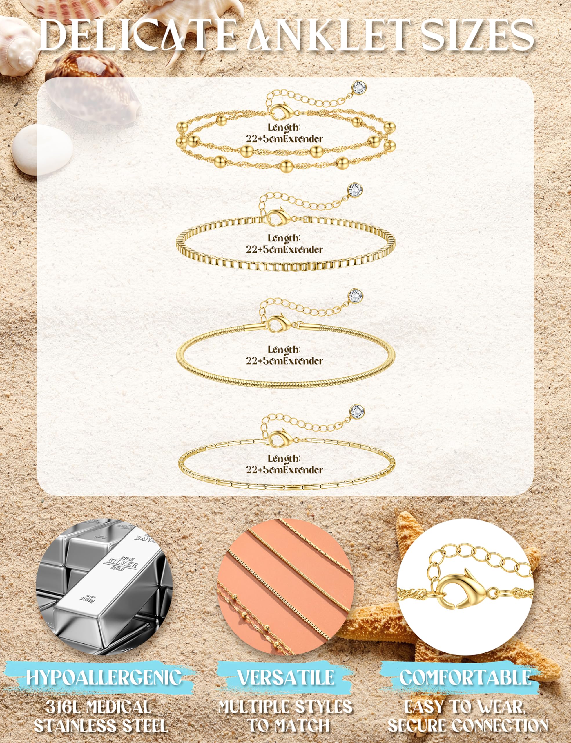 JeweBella 4 Pièces Bracelet Cheville Femme Acier Inoxydable, Lot Bracelet Fantaisie Femme Chaine de Cheville Acier Inoxydable Doré, Réglables Chaine Cheville Pied Plage Empilable Bijoux Femme