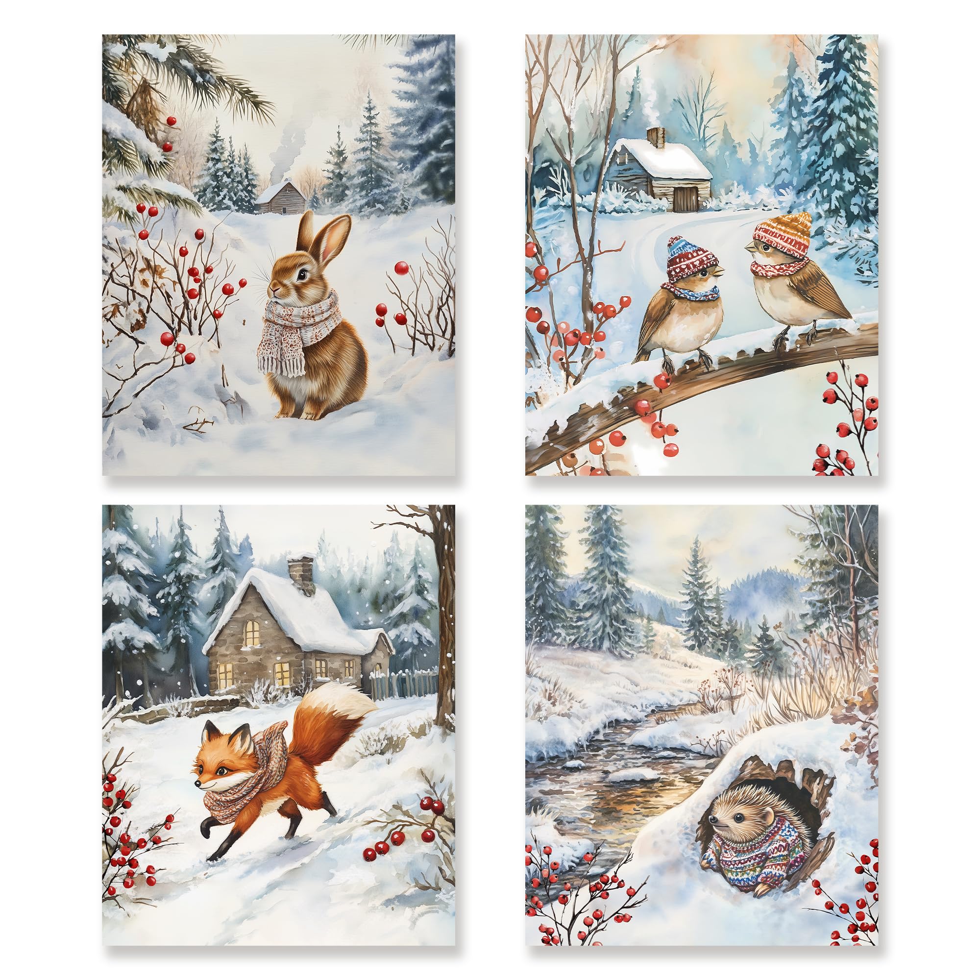 KSDUT Winter Wall Art Decor Set of 4 - Retro Xmas Forest Wild Animal Snowy Artwork Poster Bunny Bird Fox Holiday Woodland Wall Decor for Home