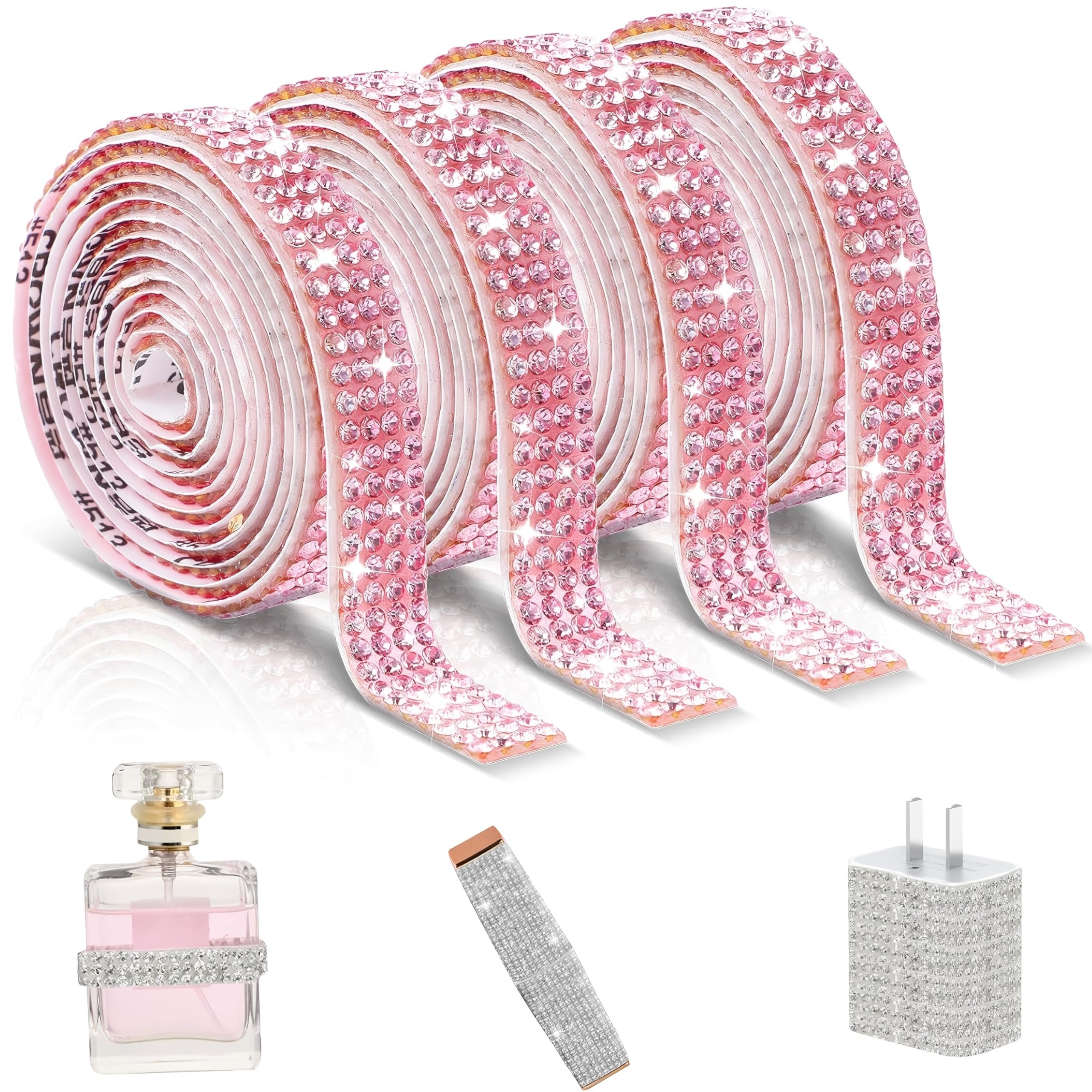 Denipry 4 Rolls Self Adhesive Rhinestone Ribbons, Pink Bling Crystal Diamond Ribbon Roll Wrap Glittering Rhinestones Strips Stickers for Decoration Car Phone DIY Arts Crafts Wedding (Pink, 9mm)
