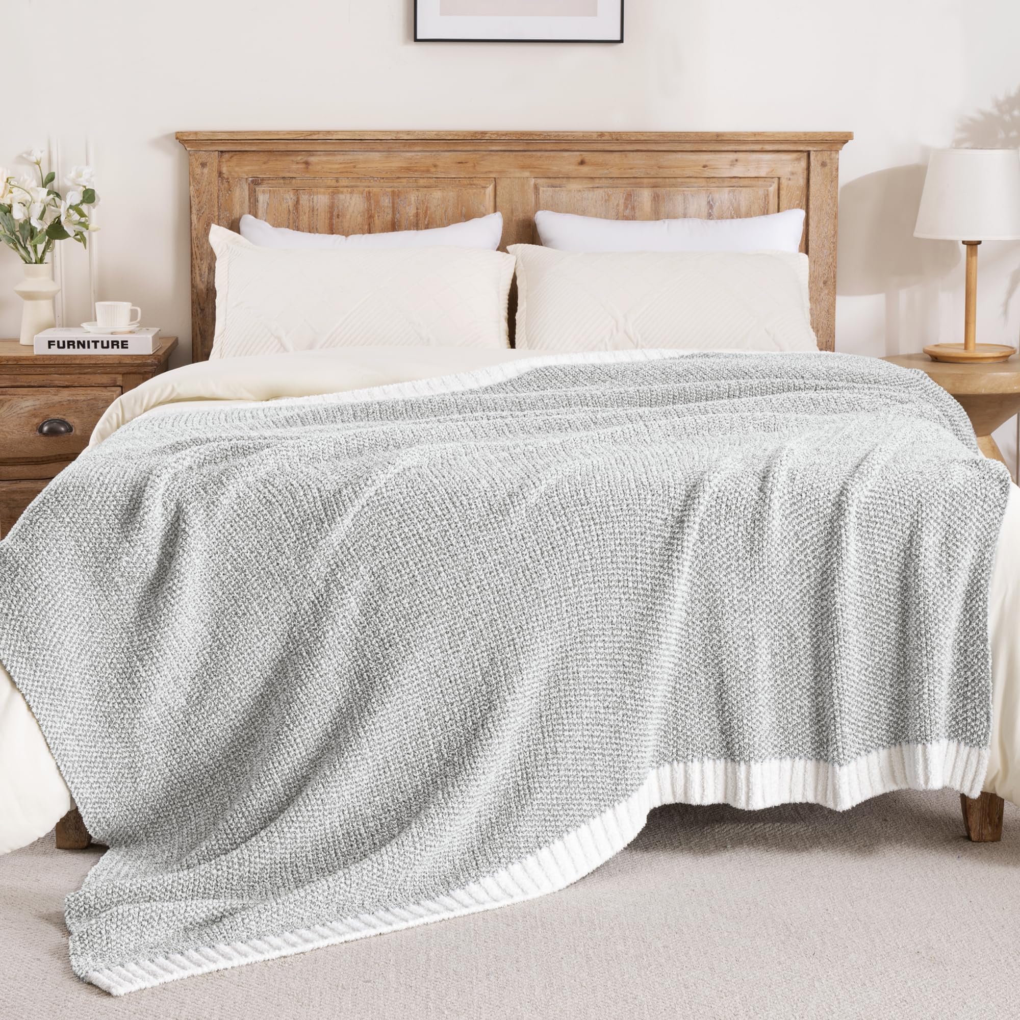 Exclusivo Mezcla Karierte Decke, Weiche Gestrickte Kuscheldecke, Kuschelige Karo Fleecedecke, Leichte Flauschige Decke für Sofa und Bett, 150x200 cm, Meliertes Grau