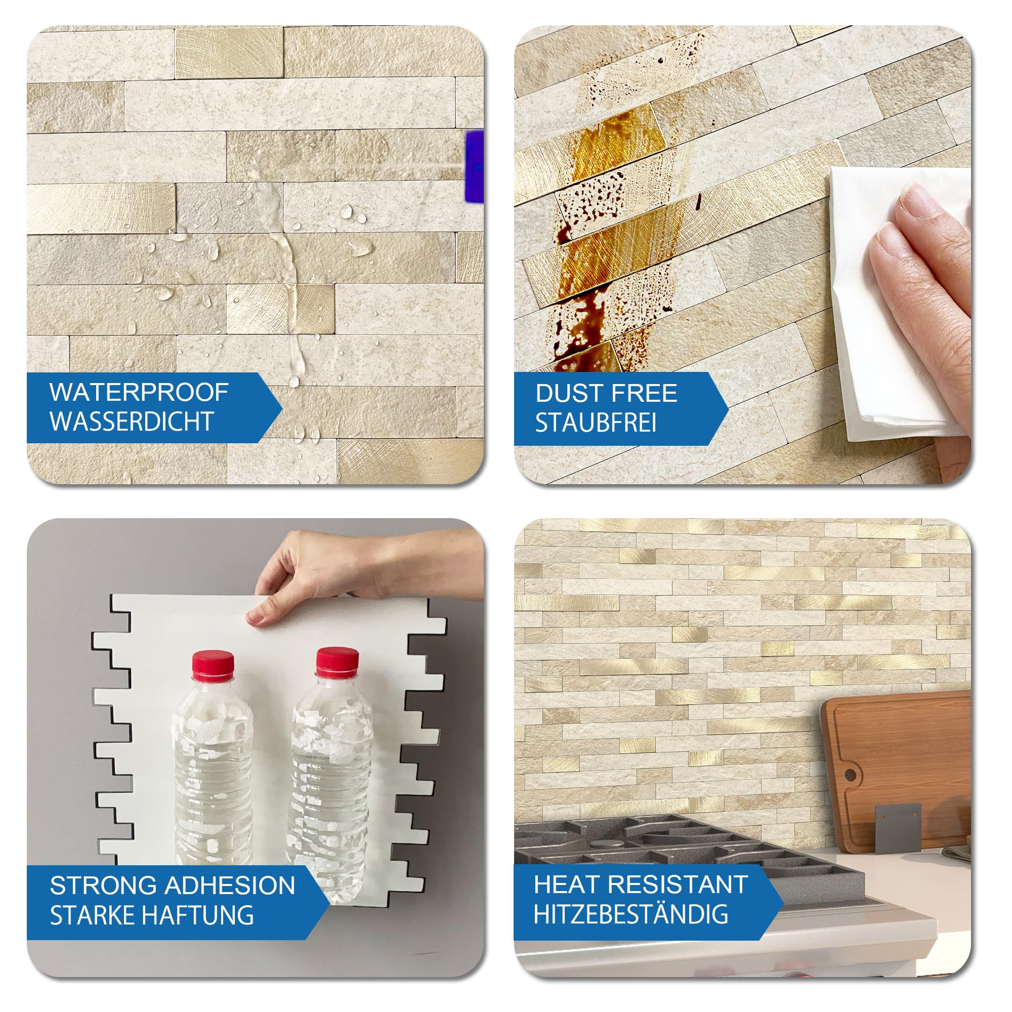 Mofit - Piastrelle adesive 3D in mattoni di pietra, per cucina, autoadesive, piastrelle a mosaico lineari, per bagno, camino, vanità (beige, 10 fogli)