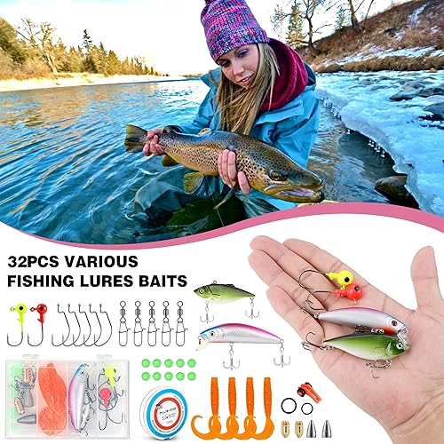 Miniatura 5 de Combos de caña de pescar y carrete, regalos de equipo de pesca para mujeres con carrete giratorio, señuelos, línea, kit de caña telescópica rosa