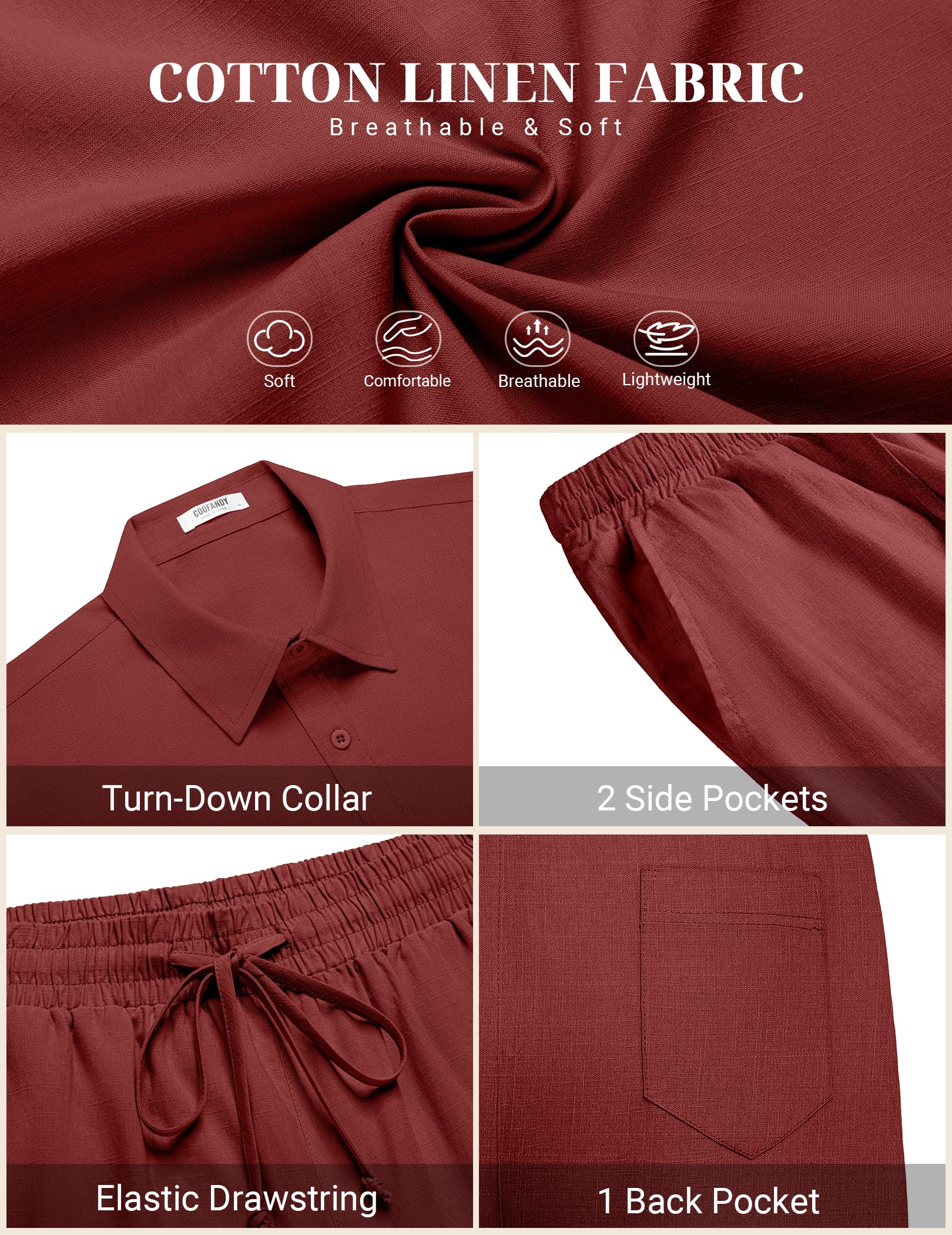 COOFANDY Set da uomo 2 pezzi in cotone e lino, a maniche corte, con bottoni, estivi, pantaloncini da spiaggia, abbigliamento casual