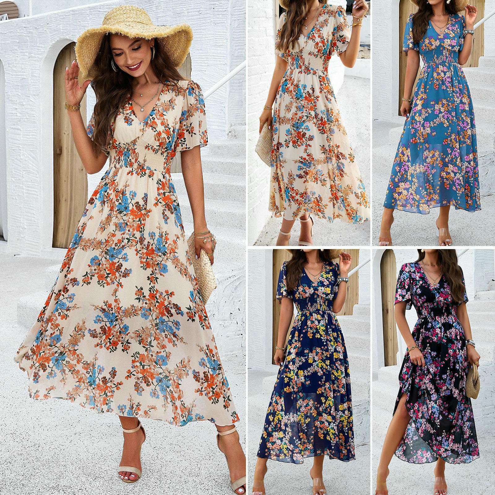 Vestito Donna Abito da Maxi Summer Dress Wrappy Short Work V Neck Floral Stampa in Vita Alta-Albicocca-l
