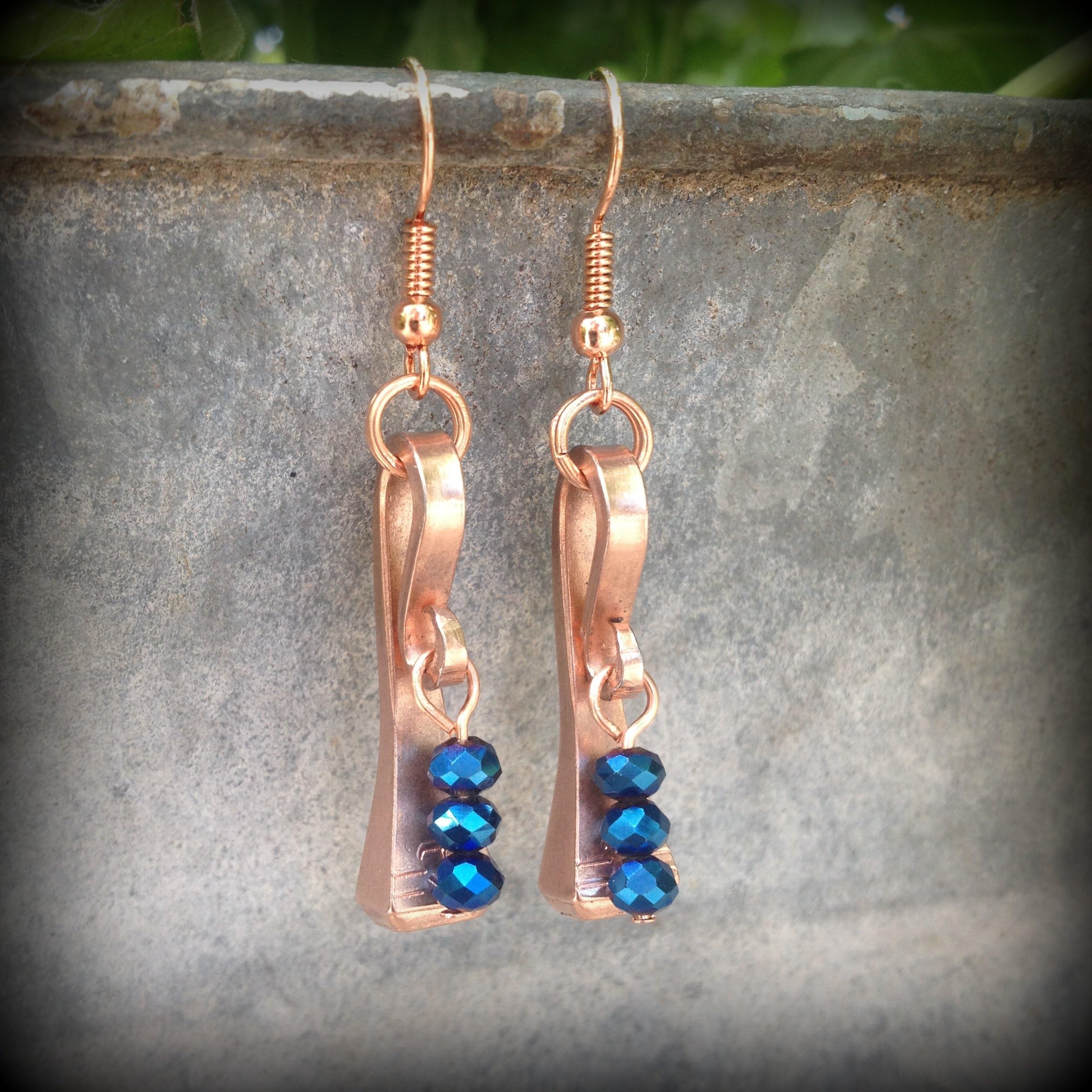 Equestrian Earrings Copper Horseshoe Nails with Royal Blue Shimmery Accent Beads