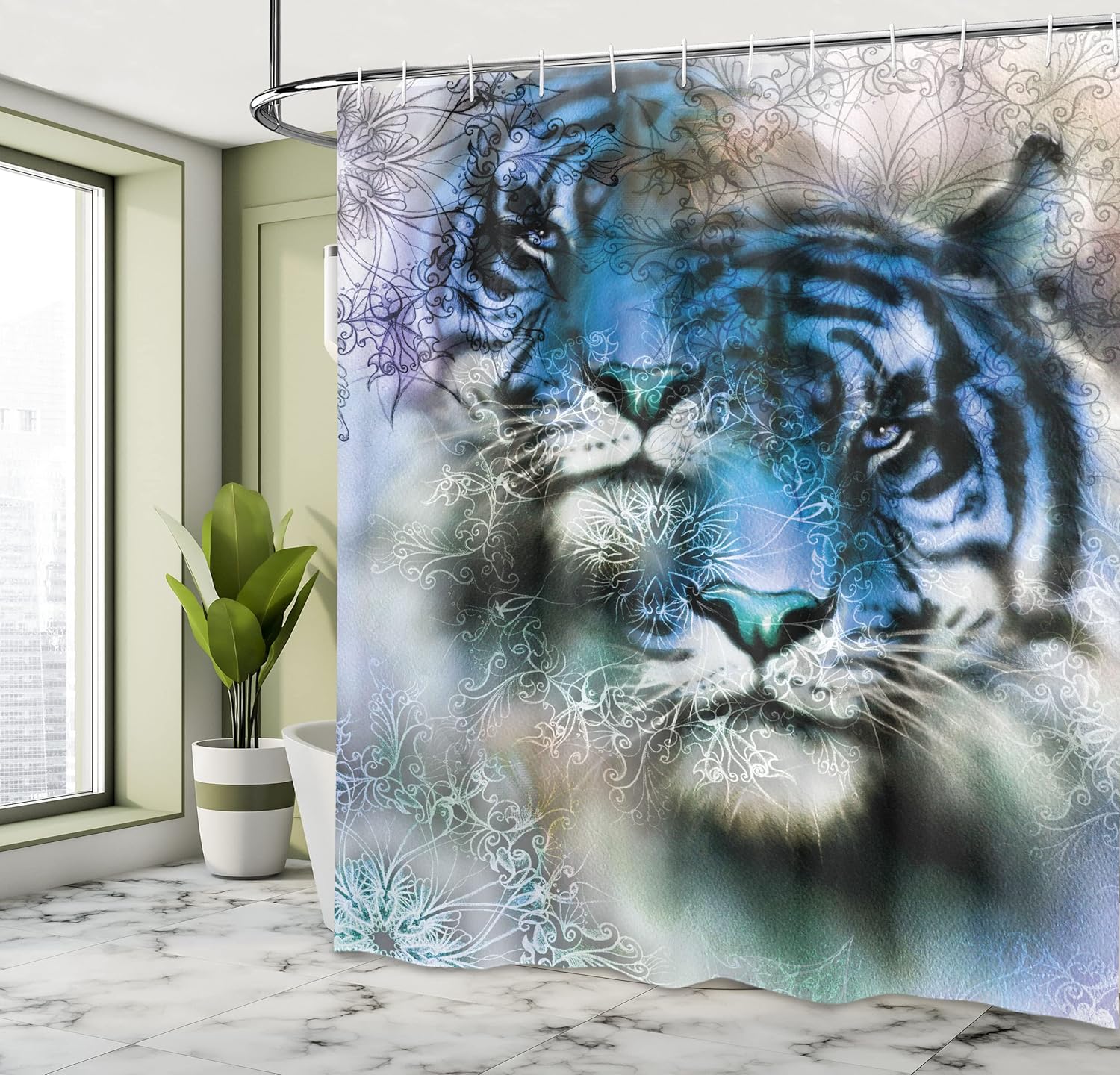 Ambesonne Animal Shower Curtain, Illustration of 2 Tigers Savannah Cat Wild Furious Life Big Animals Art Print, Cloth Fabric Bathroom Decor Set with Hooks, 69" W x 75" L, White Black Blue