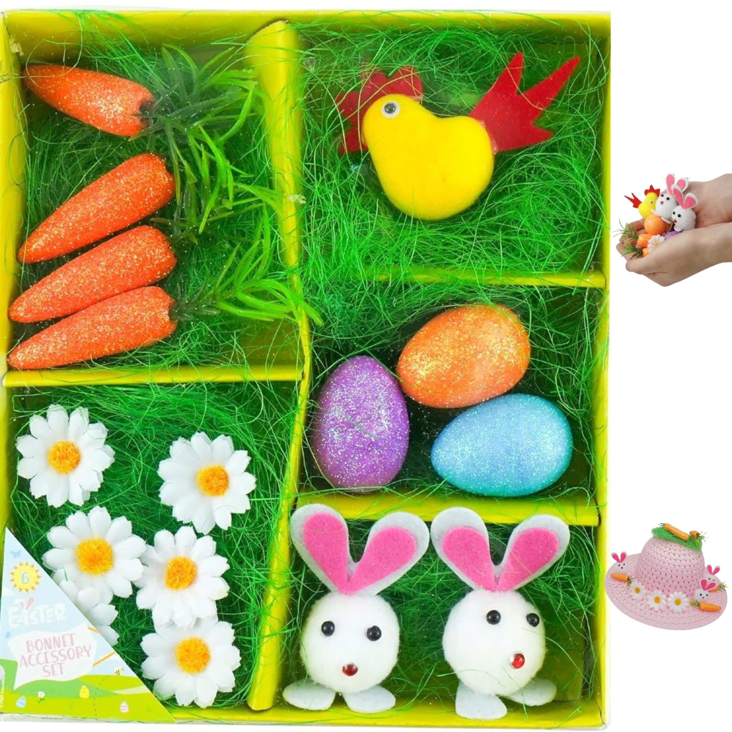 Hovuk 17Pcs- Bonnet Decoration 17Pcs Easter Bonnet Decorating Set, Flowers, Chick, Eggs, Bunnies And Carrots, Hoppy Easter Decoration Accessory, Gifts For Easter And Spring Party Favors