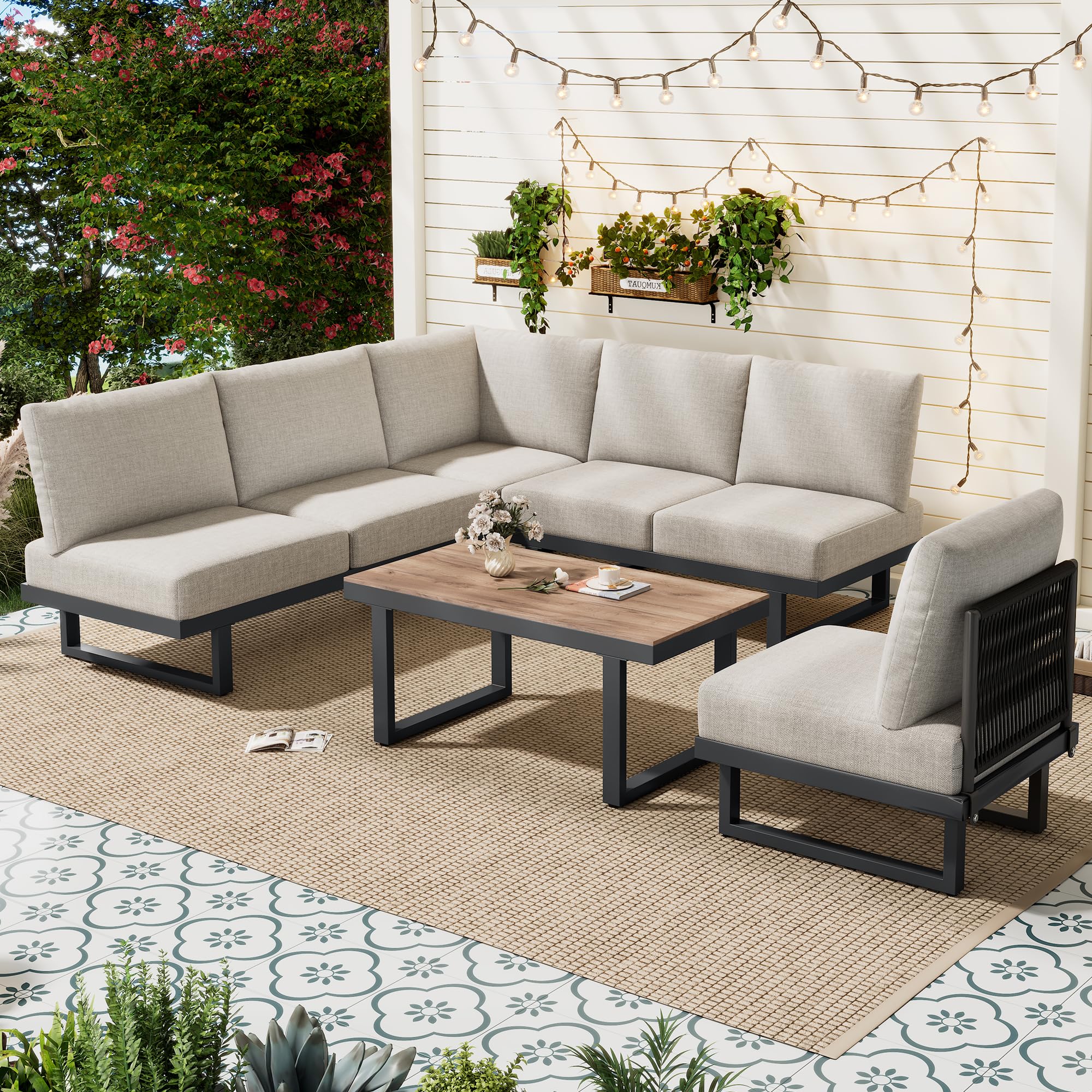 TIZZ Juego de muebles de jardín, sillones de jardín, sofá esquinero, cama relax al aire libre, mesa de café, se puede convertir en una cama reclinable, acero galvanizado, gris