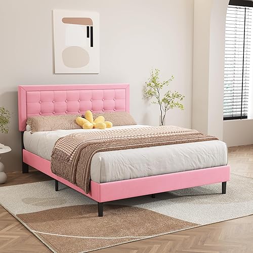Miniatura 3 de alazyhome Marco de cama tapizado moderno de tamaño Queen con cabecero acolchado con botones, listones de madera maciza, soporte no necesita somier,