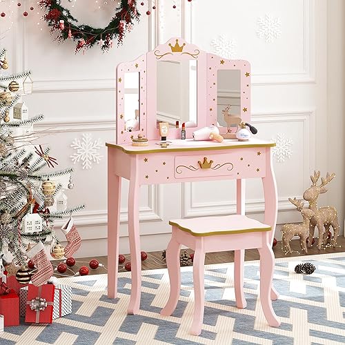 UTEX Kids Vanity Set with Mirror and Stool, Kids Make Up Vanity Desk with Mirrror for Little Girls, Children Makeup Dressing Table with Drawer, Pink