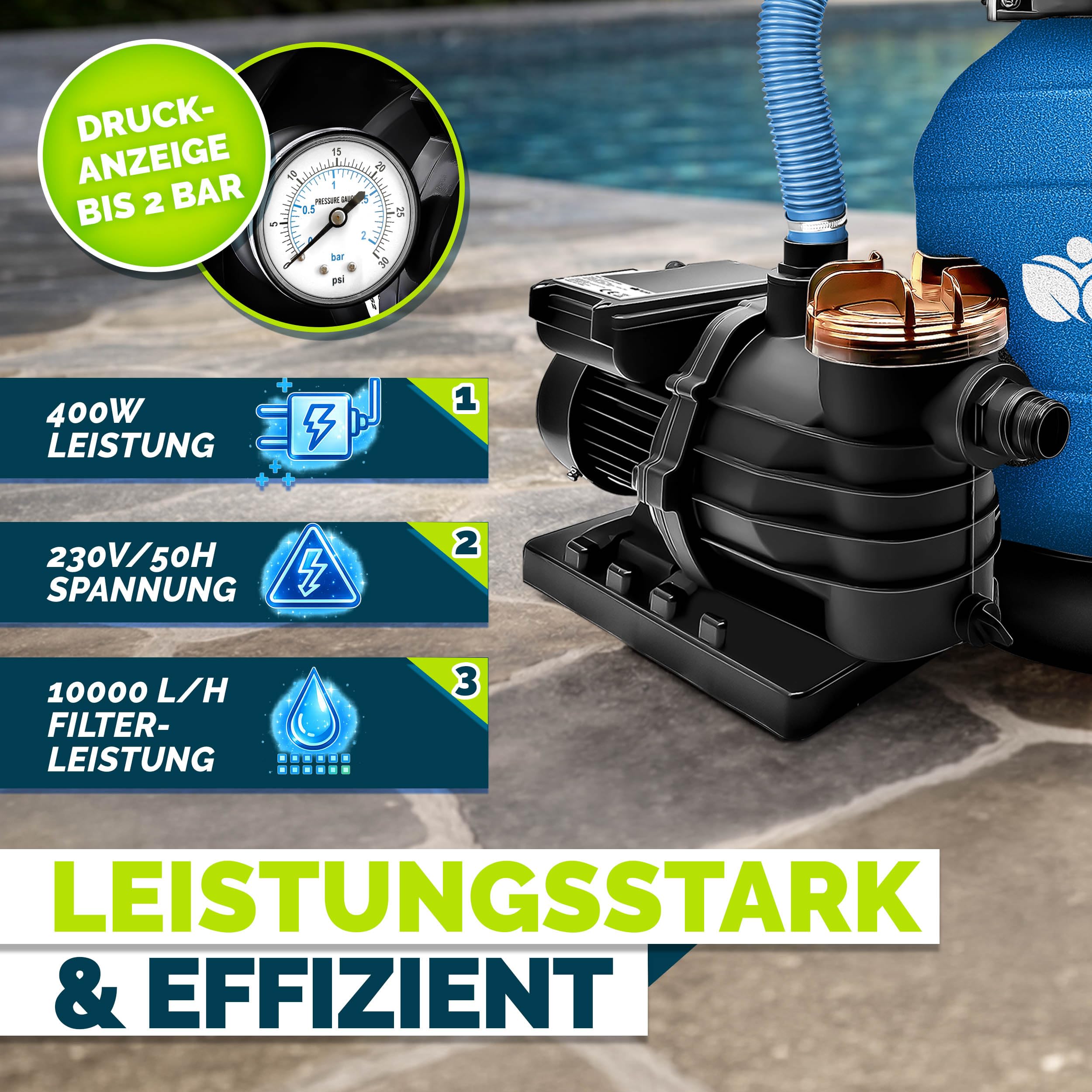 tillvex Sandfilteranlage Pool 10 m³/h inkl. 800g Filterbälle | Filteranlage 7-Wege Ventil & 2in1 Adapter Ø32mm - 38mm | Poolfilter mit Druckanzeige | Sandfilter für Schwimmbecken (Blau)