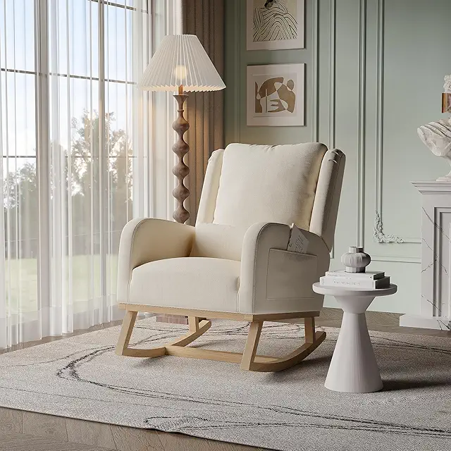 Silla de lactancia mecedora con lana de oveja, cojín lumbar y bolsillos laterales - Beige