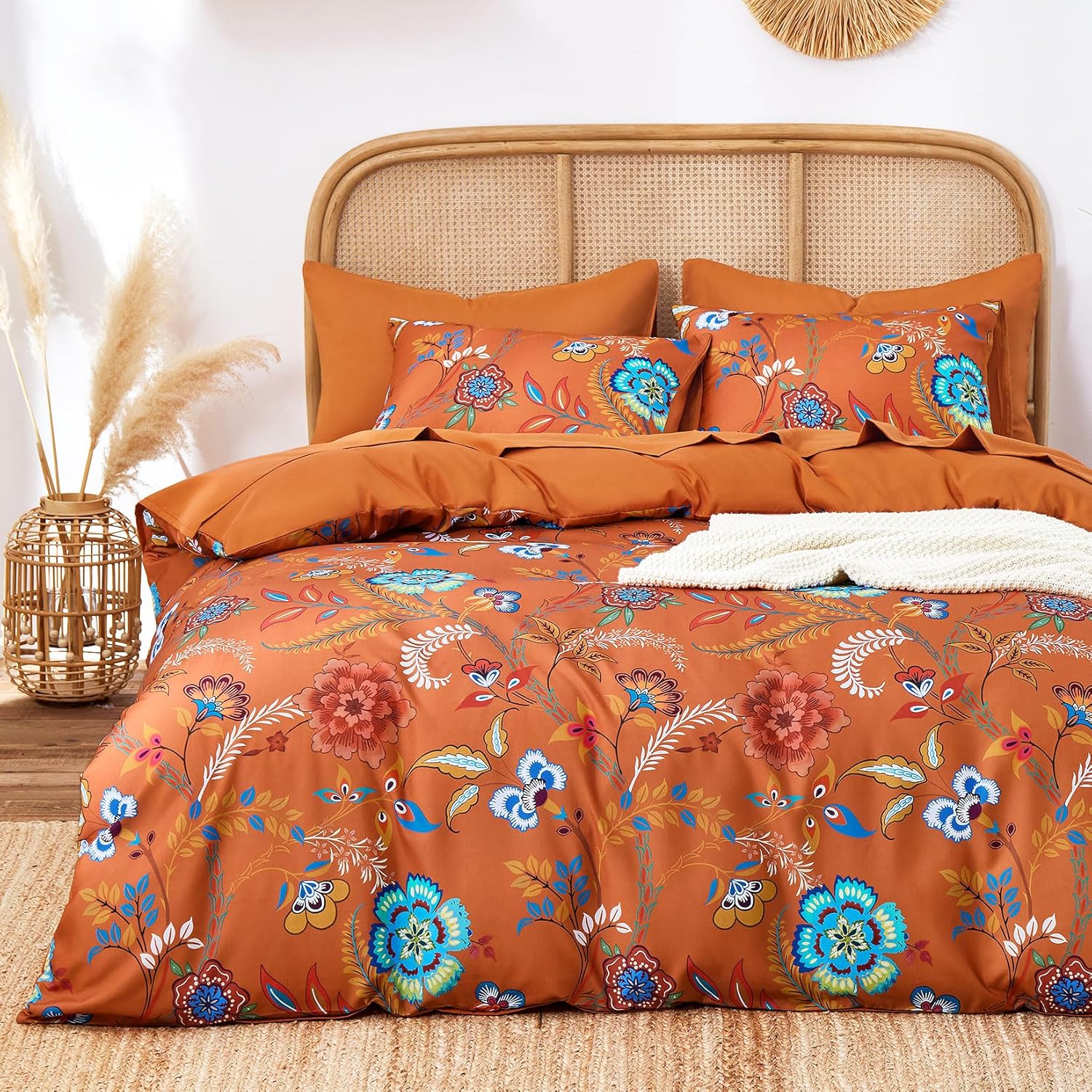Wake In Cloud - Boho Comforter Set, Floral Shabby Chic Style with Colorful Flowers and Funky Vines Pattern, Soft Lightweight Bedding, 3 Pieces, Burnt Orange, Queen Size
